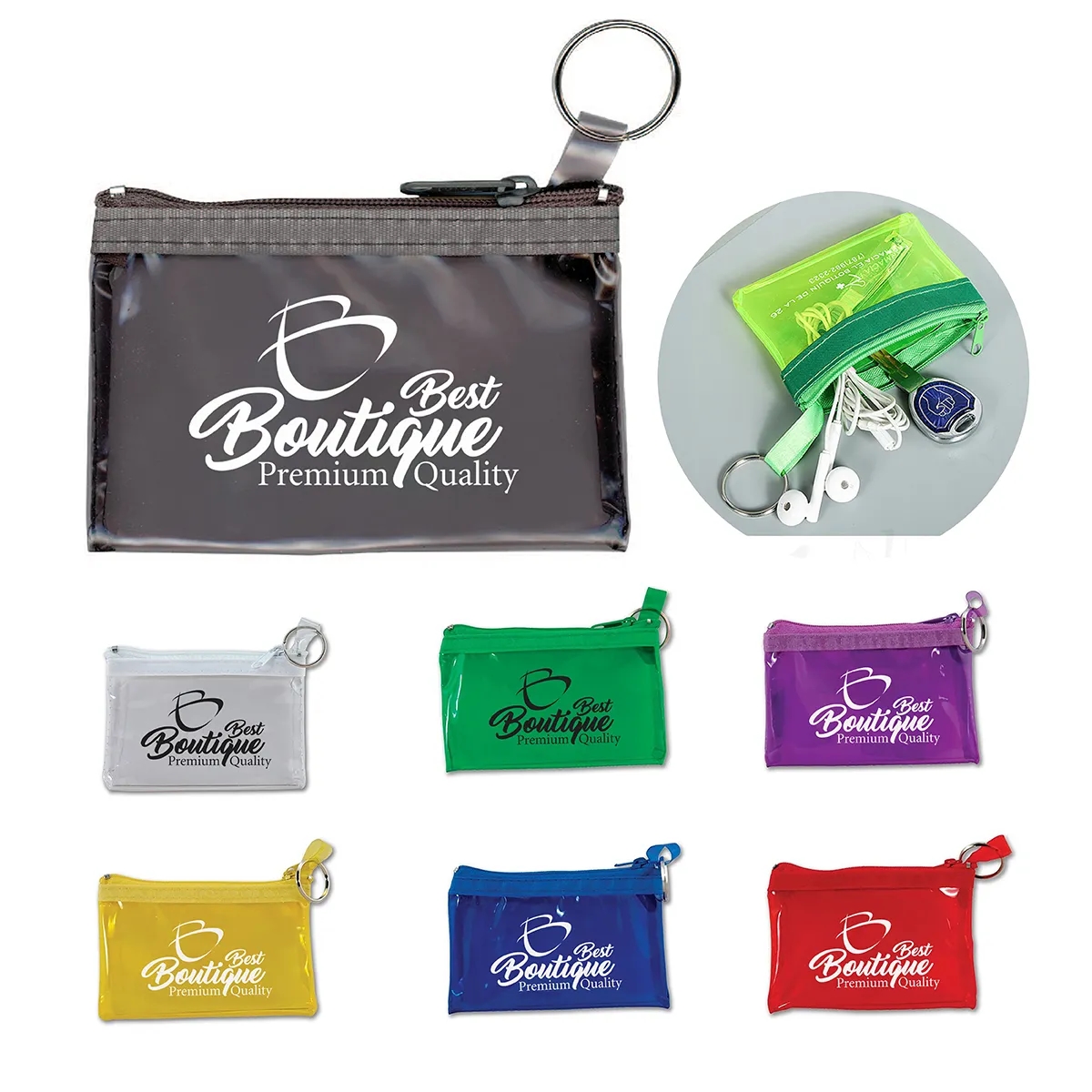 Custom Logo Durable Zippered Translucent Pouch With Key Ring 2