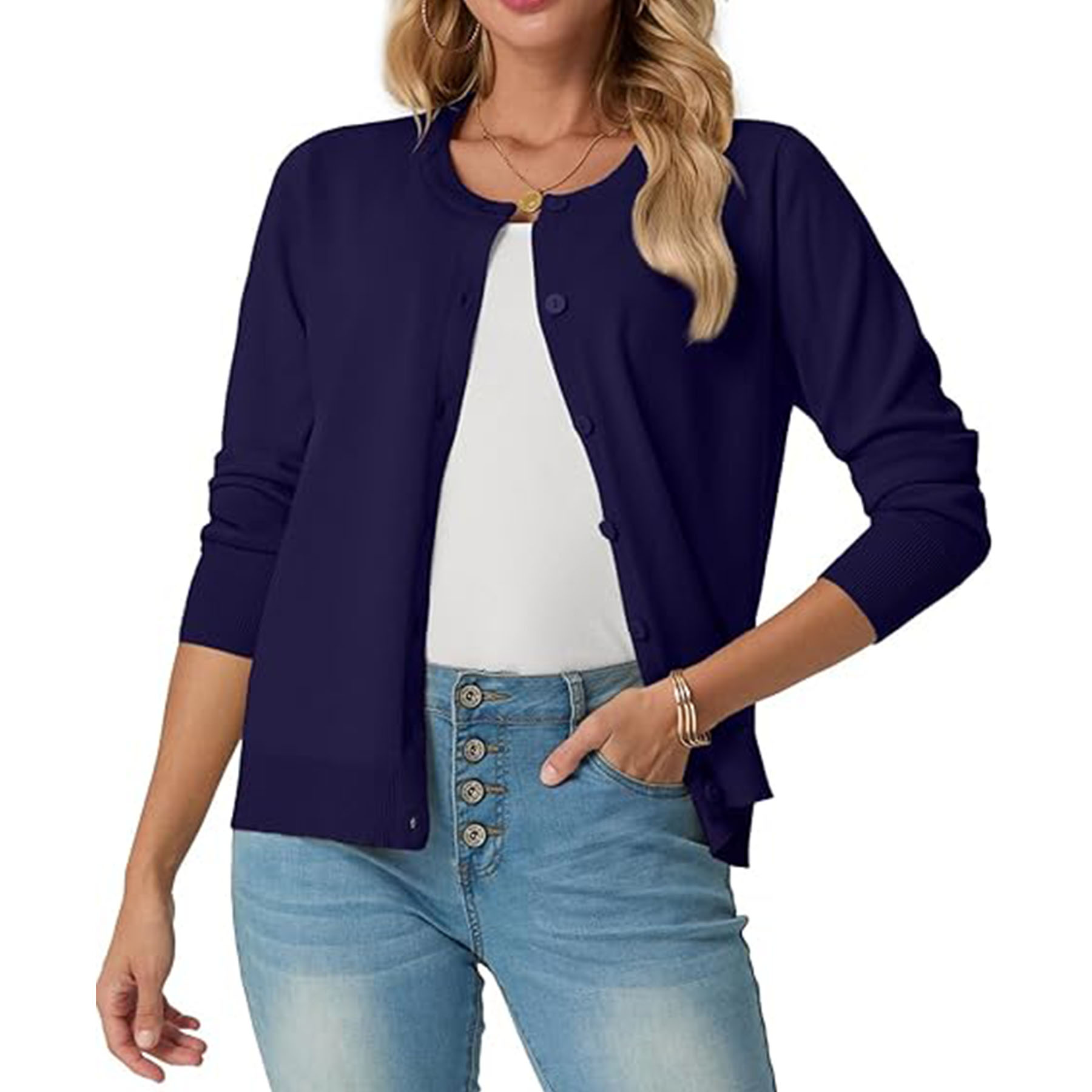 Women's Long Sleeved Lightweight Round Neck Casual Cardigan 15