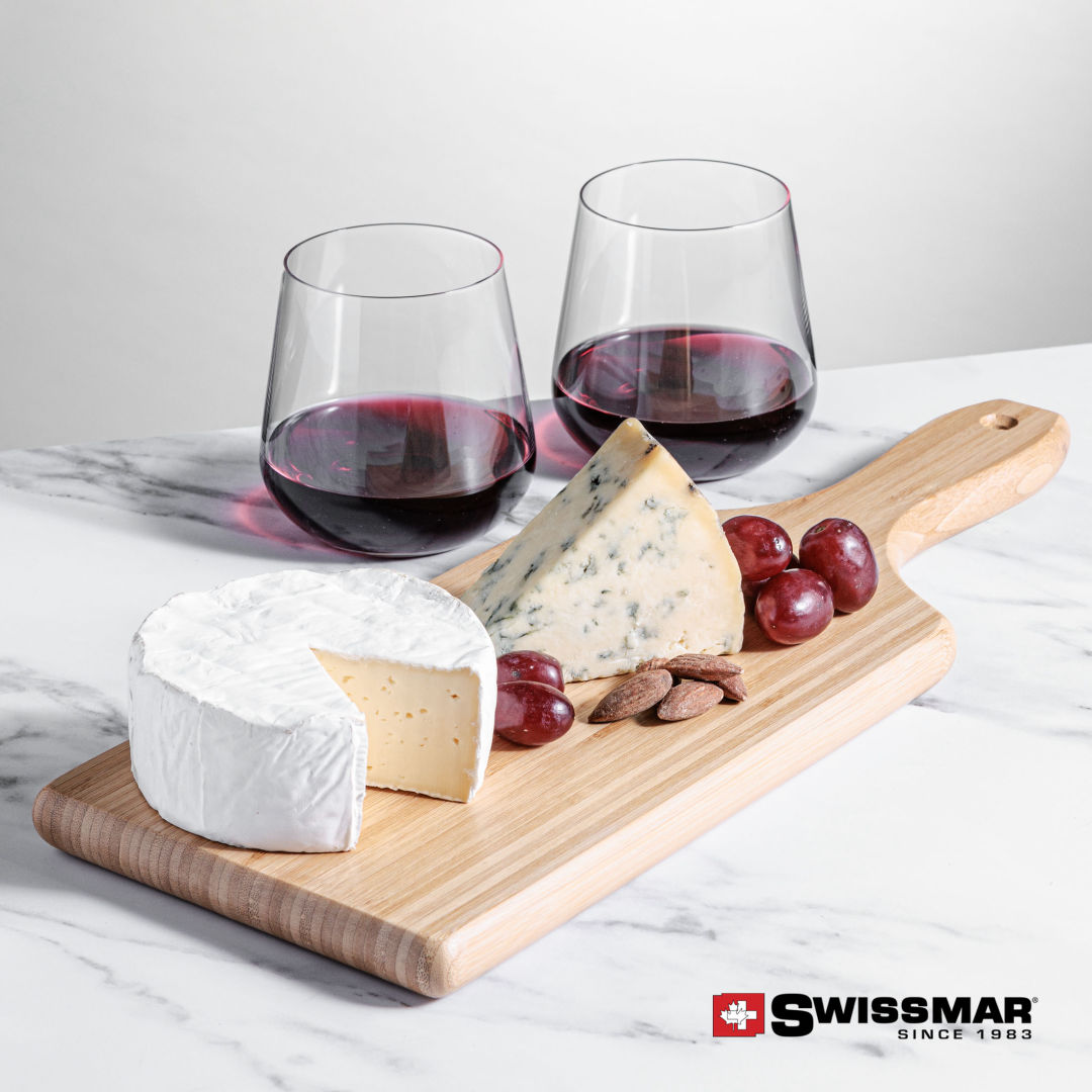 Swissmar® Bamboo Board & 2 Howden Stemless Wine 2