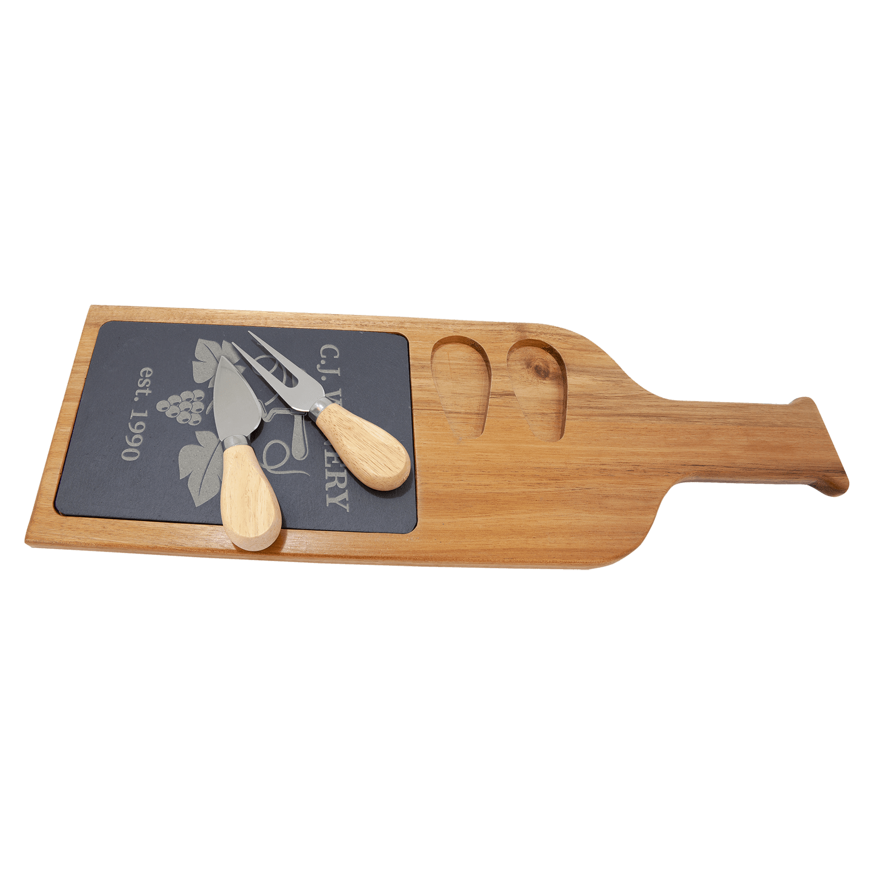 17" x 6" Acacia Wood/Slate Serving Board with Two Tools 4