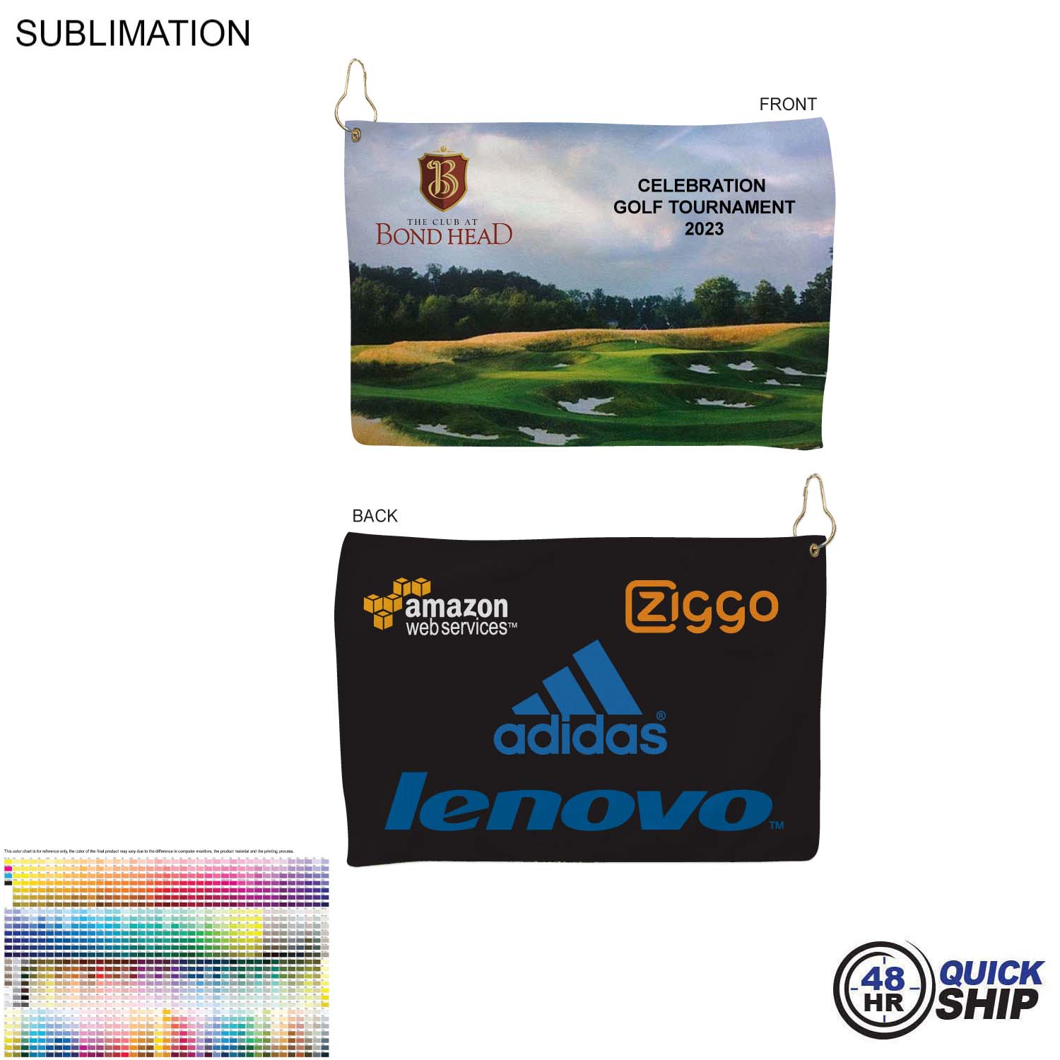 48Hr Quick Ship - Microfiber Suede Shammy Golf Towel, 12x18, Nofold Grommet and Hook, Sublimated 3