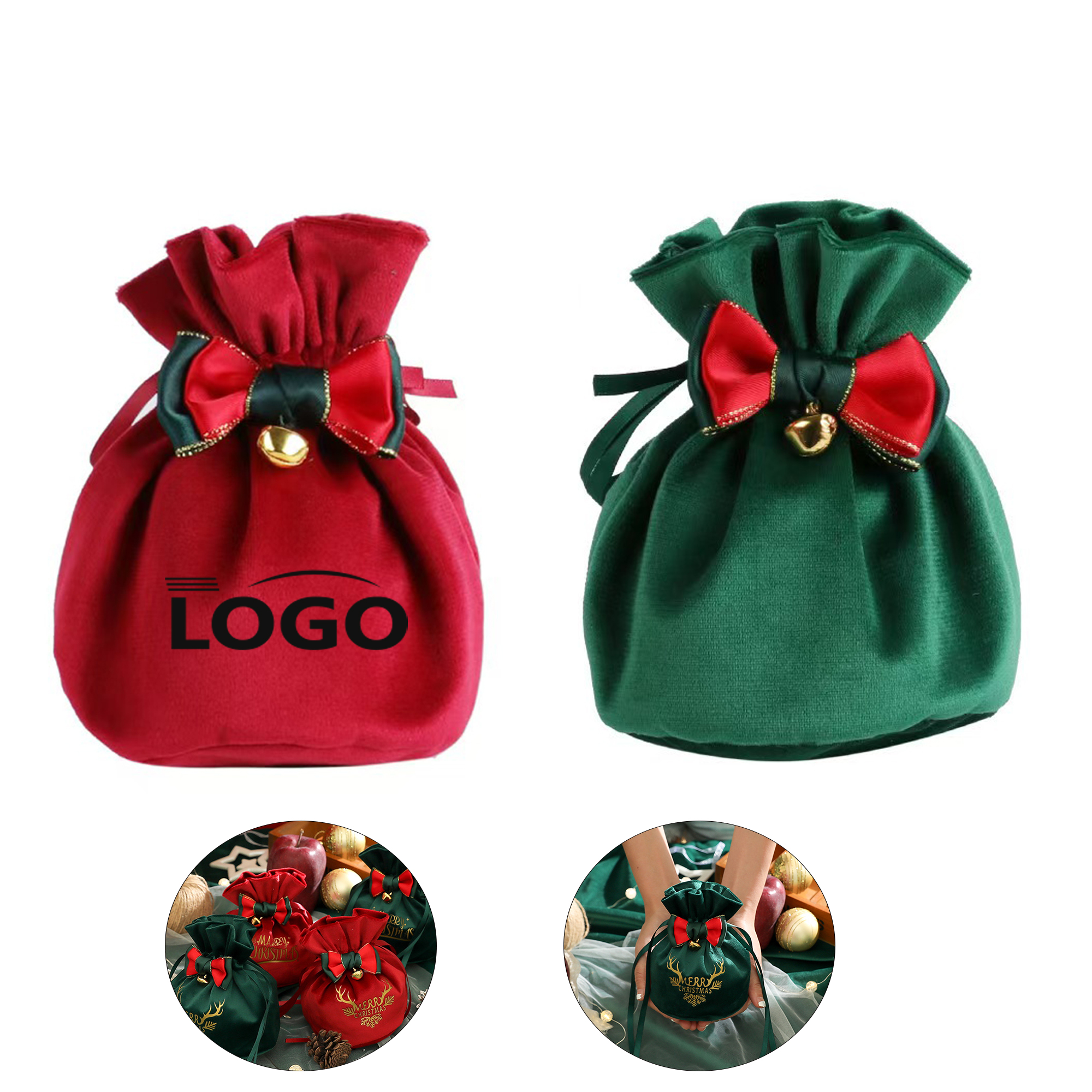 Medium Size Red & Green Velvet Drawstring Gift Pouches 2