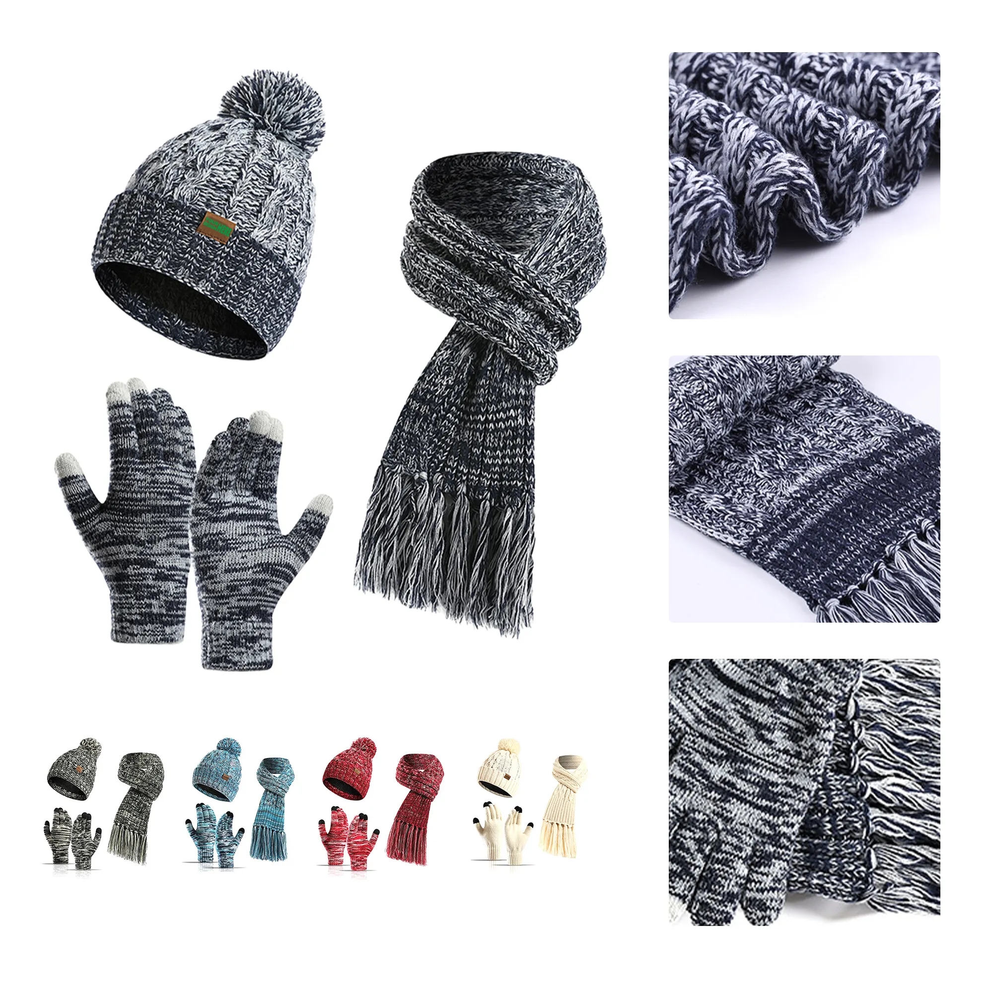Winter Knit Hat Scarf Touchscreen Gloves Set