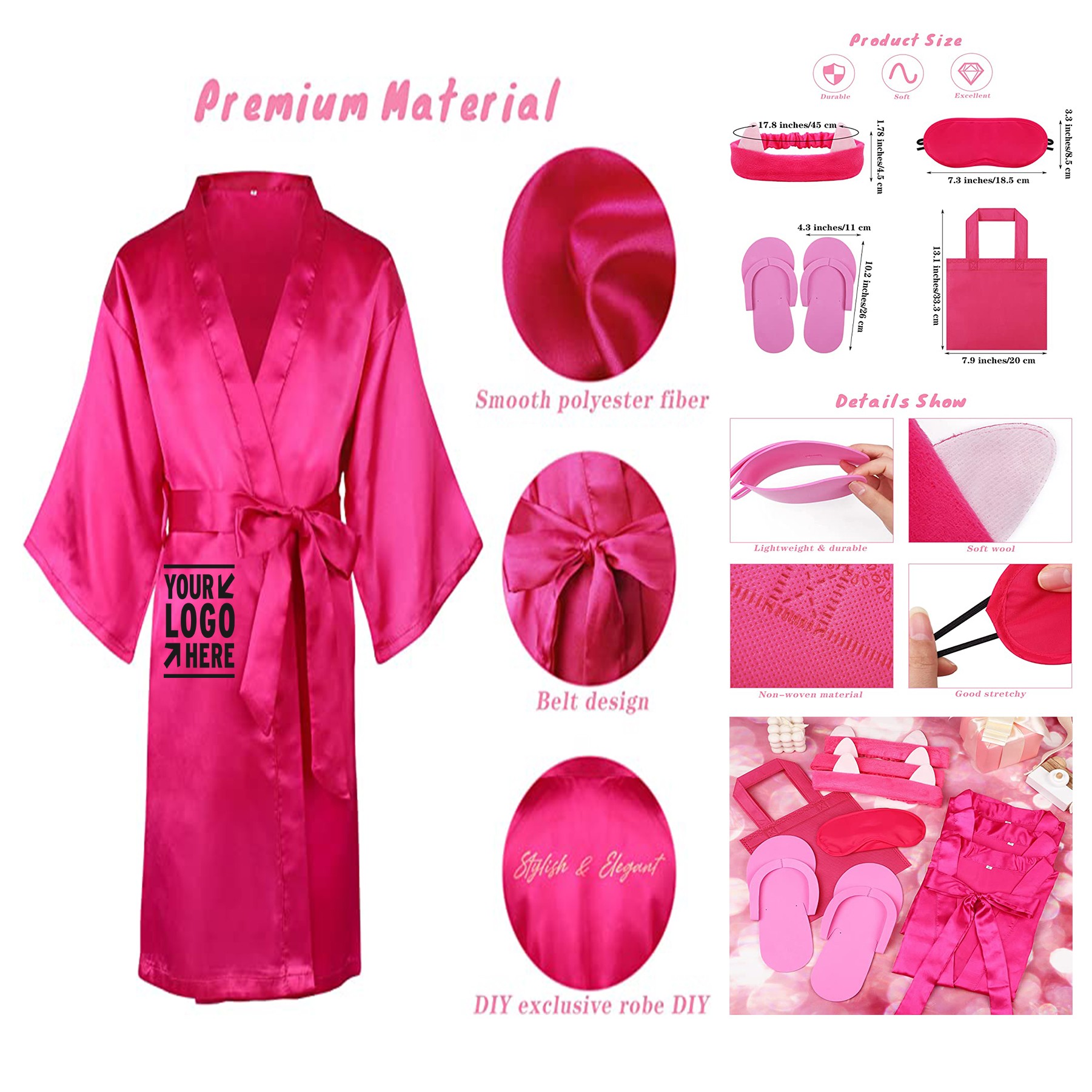 4 Pieces of Spa Party Costume Set Satin Kimono Robe Headband Patch Bag Foam Pedicure Slippers 3
