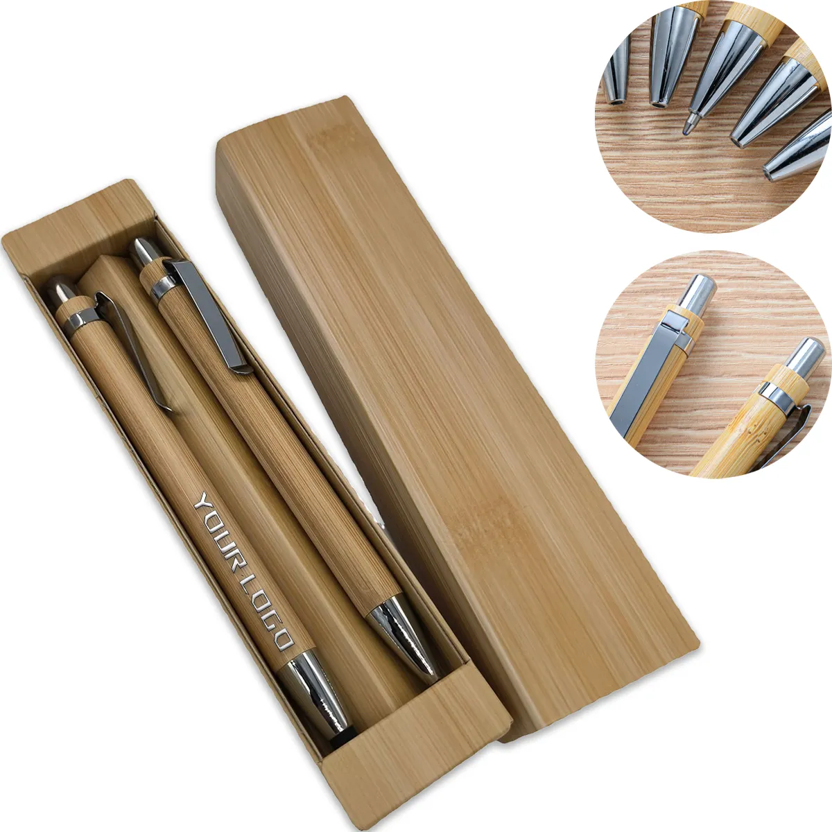 Metal Hook Bamboo Wood Barrel Touch Tip Ballpoint Pen 1