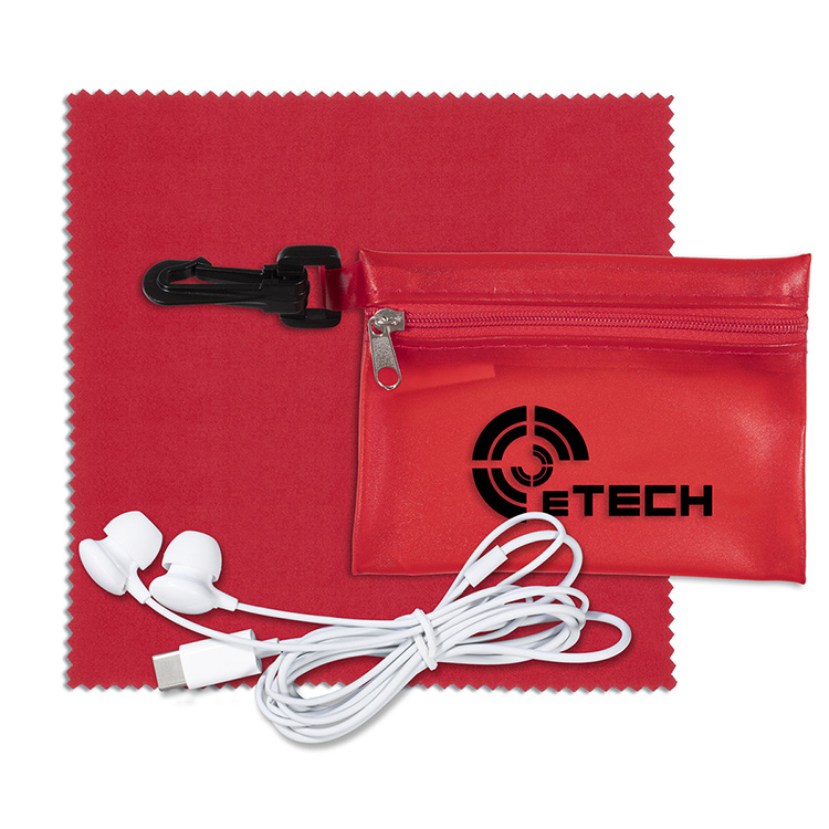 Earbud Tech Kit with Microfiber Cleaning Cloth In Translucent Carabiner Zipper Pouch 5