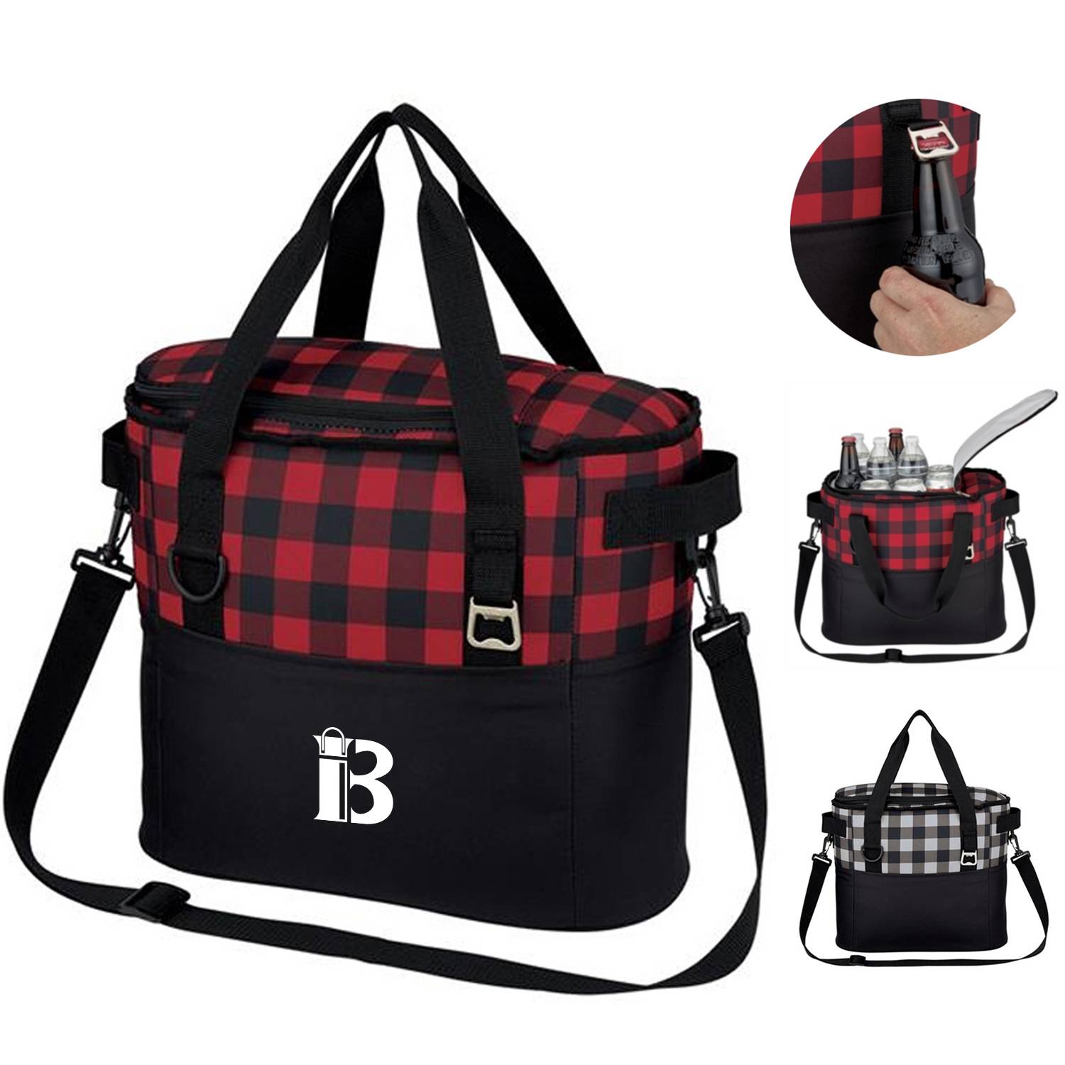 Plaid Pattern Cooler Insulated Bag W/ Bottle Opener 1