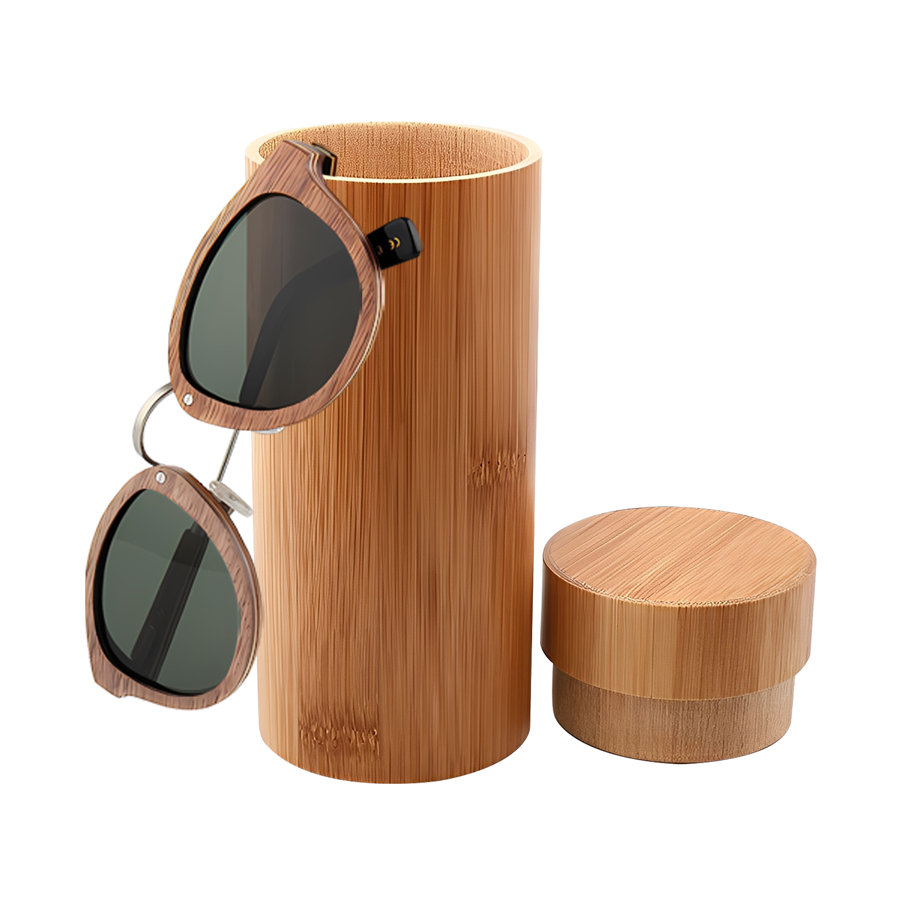 Fashionable Laser Engraved Bamboo Sunglasses With Cylindrical Case (MOQ: 100 Sets ) 2