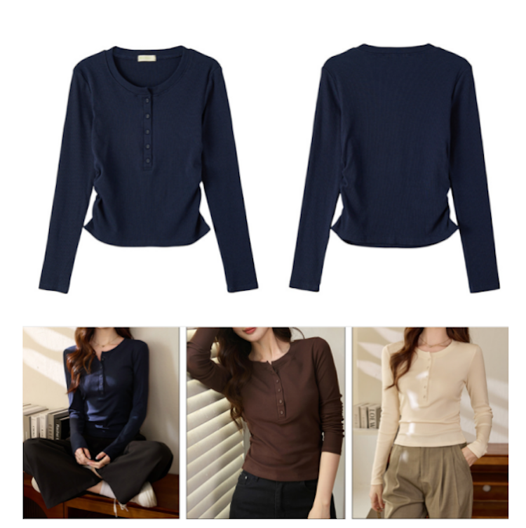 Long Sleeve Button Up Slim Fit Ribbed Knit Blouses 4
