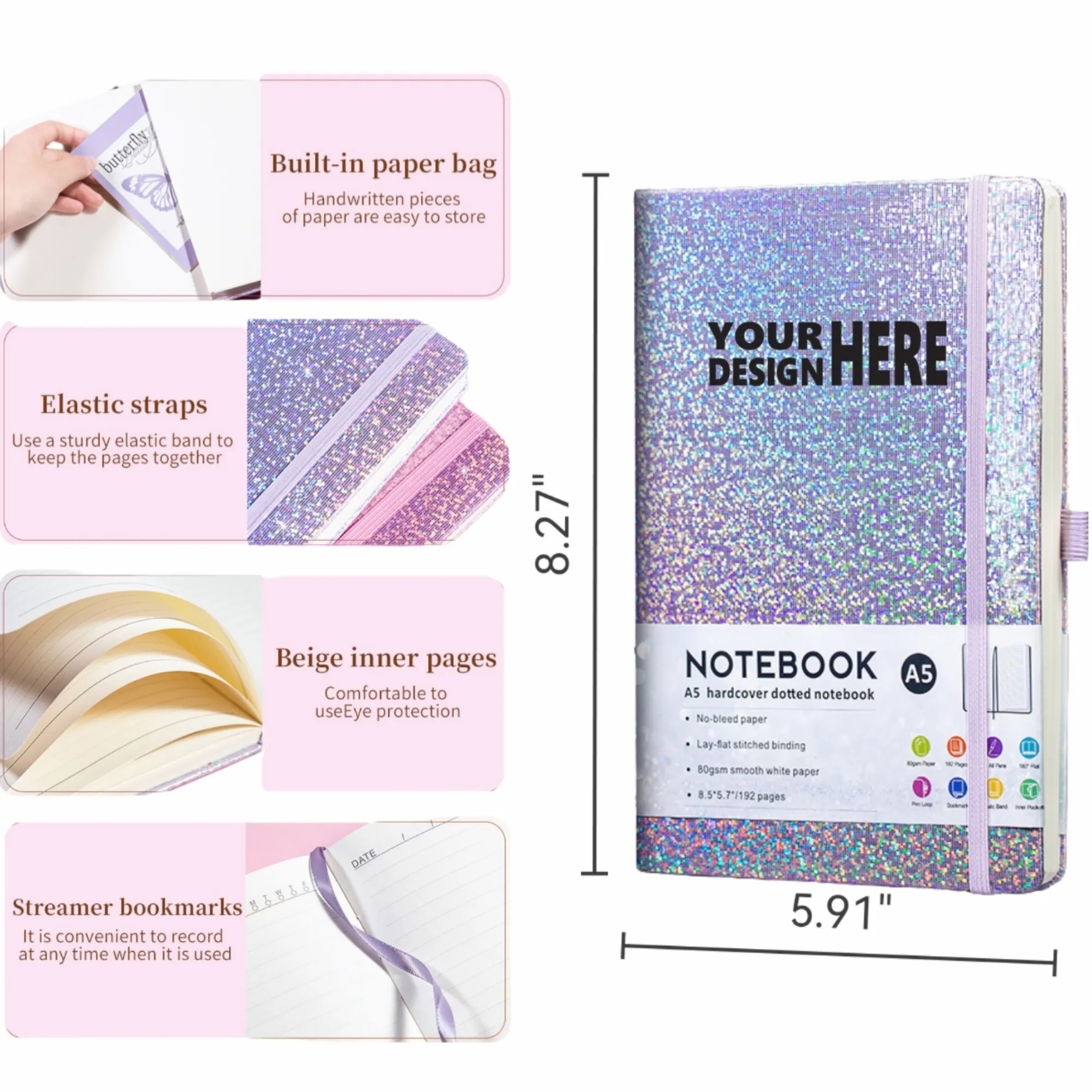 A5 Glitter Notebook, PU Leather, Pen Slot, Elastic Band, Cus 4