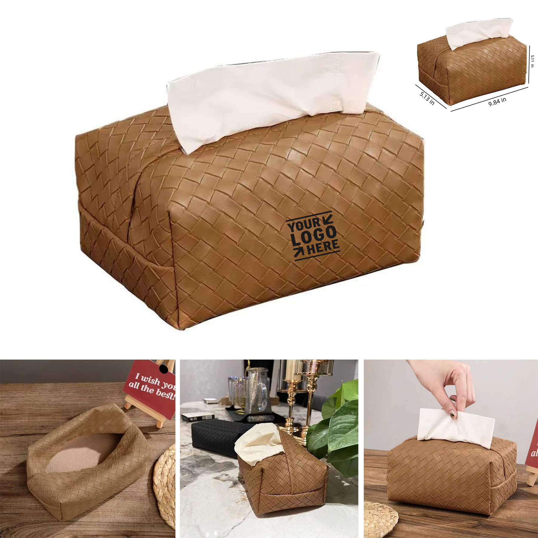 Rectangle Cube Faux Pu Leather Woven Facial Tissue Box Covers Holder Tray Organizer