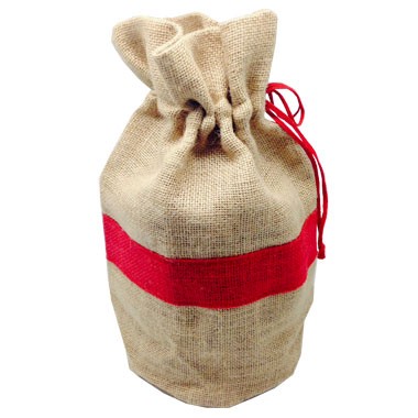 Natural soft jute drawstring gift/wine drawstring pouch (red accent) 2