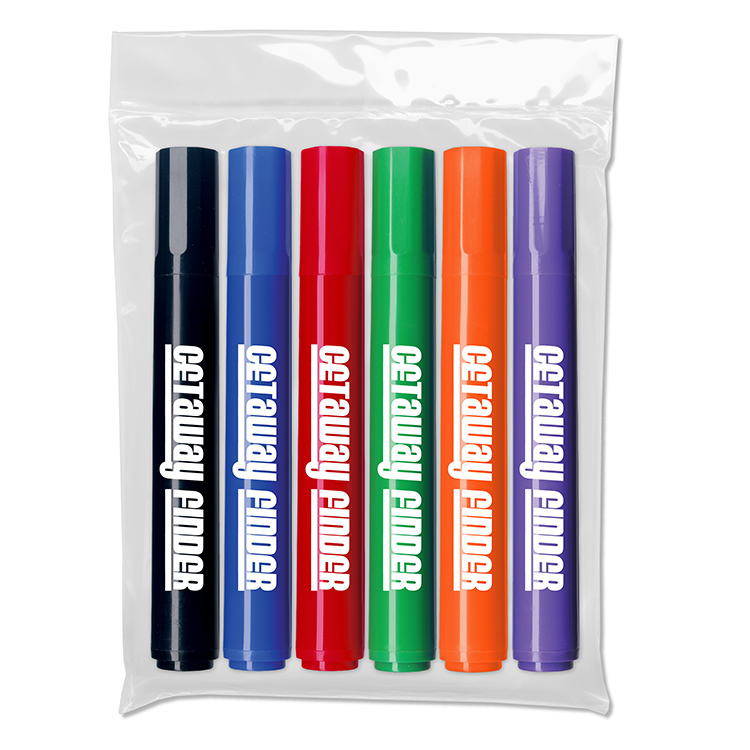 Six Pack of Chisel Tip Permanent Markers in a Plastic Pouch - USA Union Made