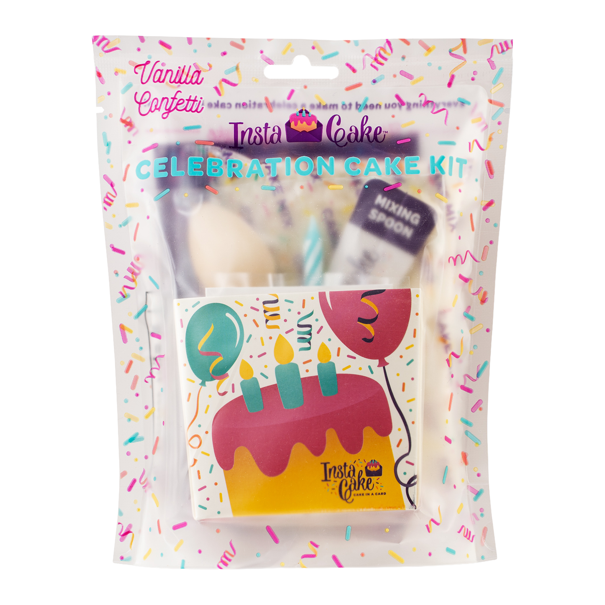 All-in-one celebration kit with a pop-up baking case, cake mix, frosting, sprinkles, candle, spoon, and water measure—just add water and microwave. 3