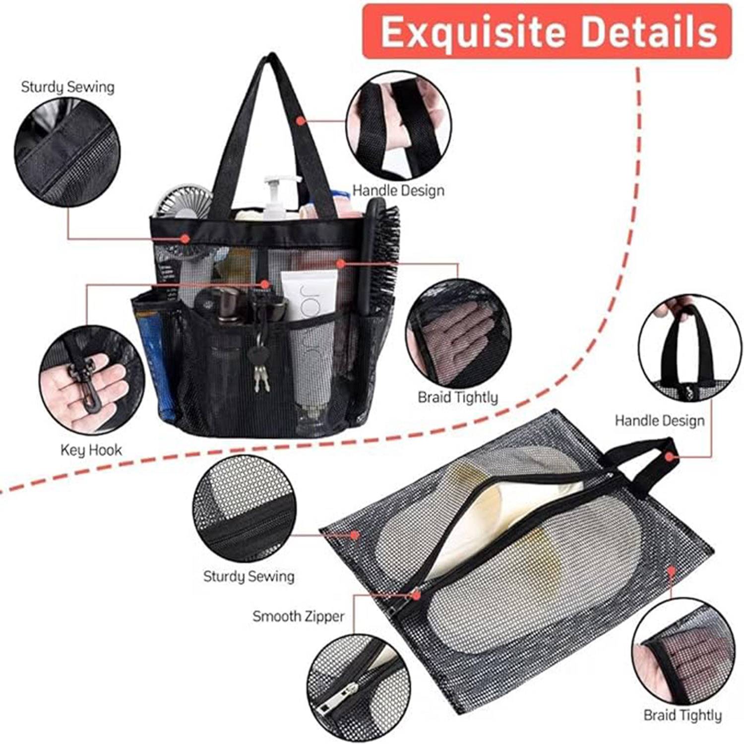 Mesh Shower Caddy Tote 8 Pockets with shoe Bag 7
