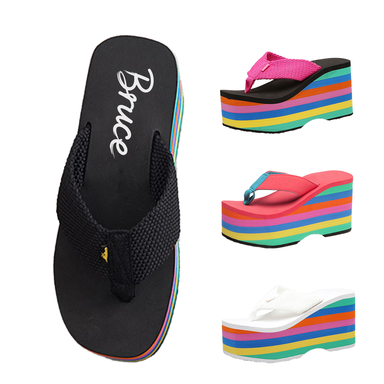 Women Rainbow Wedge Flip Flops w/ Fabric Strap 3