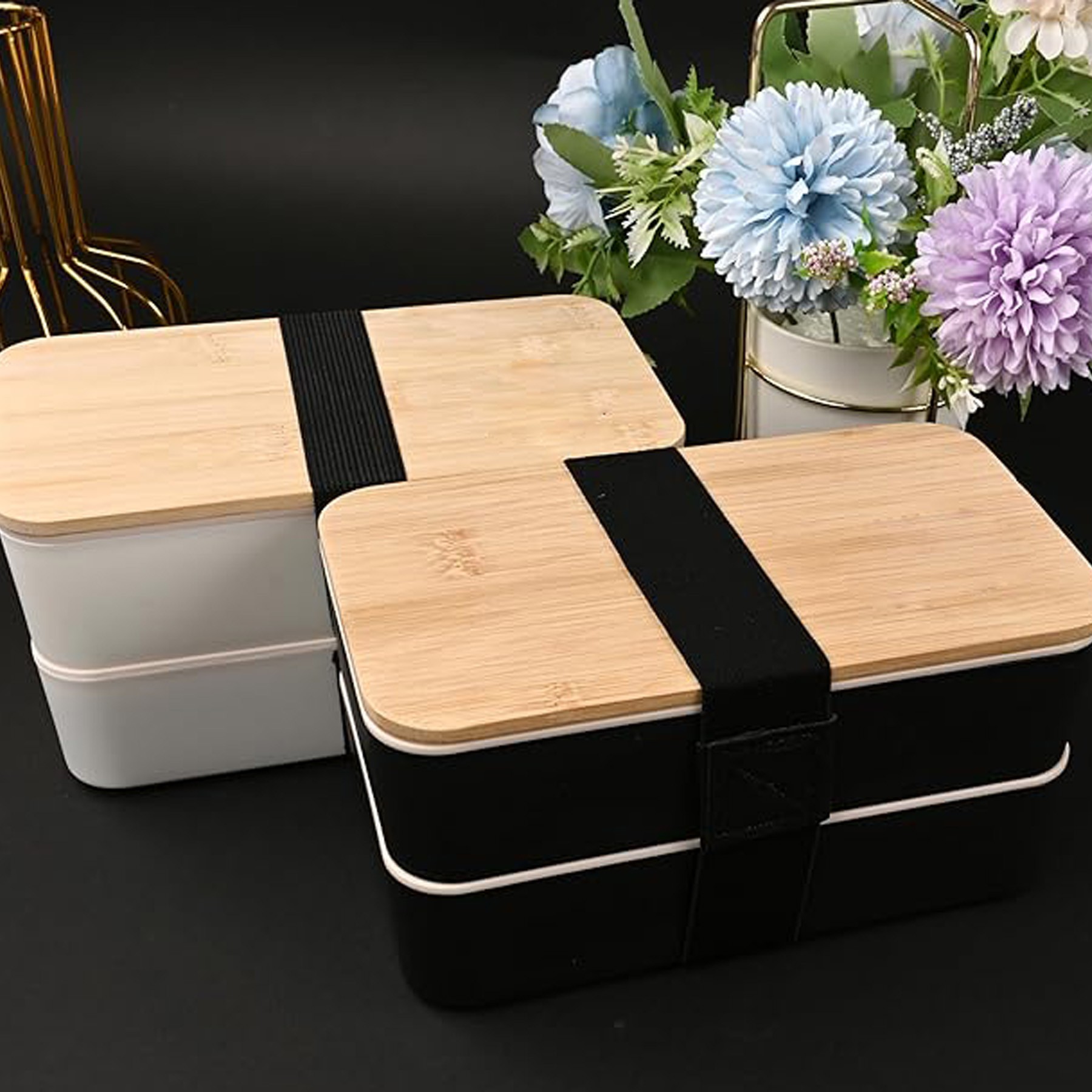 Lunch Box Containers Natural Bamboo Lid, Cutlery Chopsticks 2