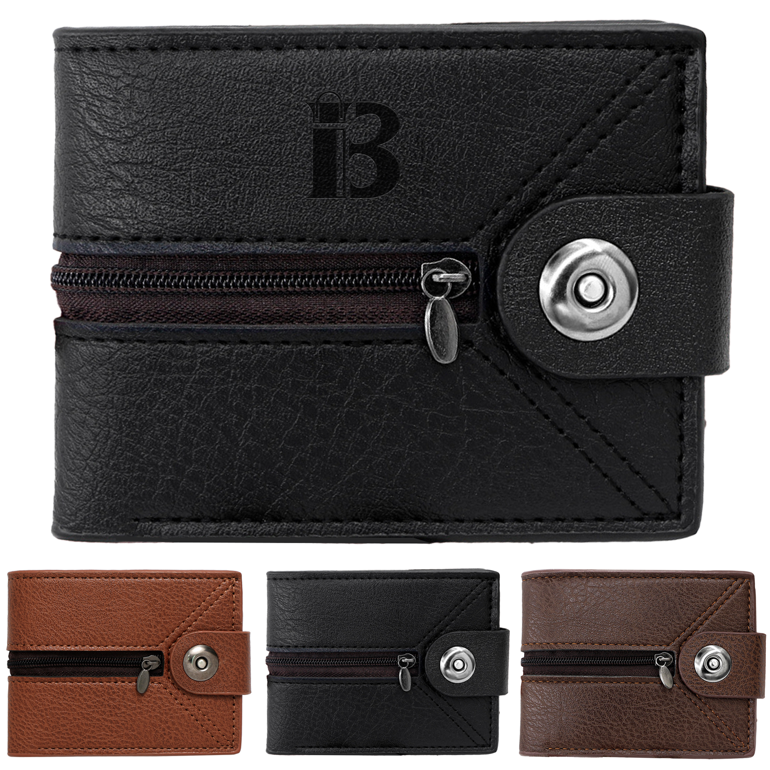 PU Magnetic Buckle Bifold Wallet w/ Zipper 3