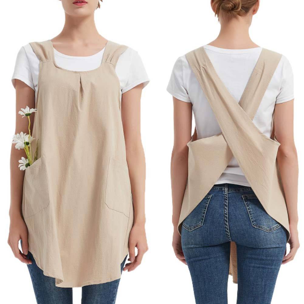 Linen Cotton Apron Cross-Back Straps Dual Pockets 8