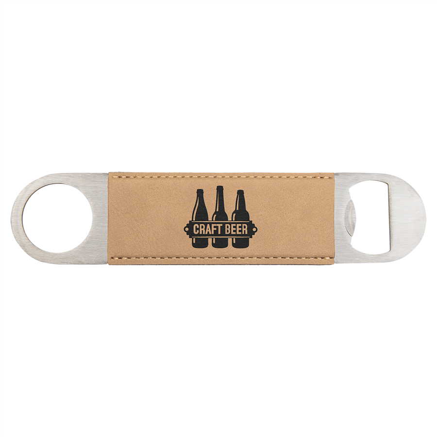 1 1/2" x 7" Light Brown Leatherette Bottle Opener 1
