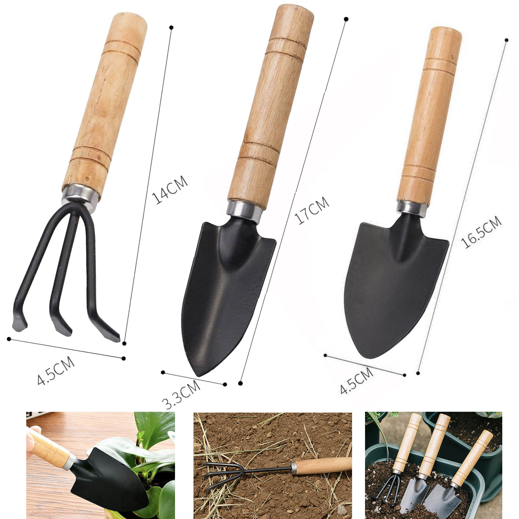 Mini 3 PCS Gardening Tool Set Wood Handle Durable Spade Shovel Rake for Plant 1