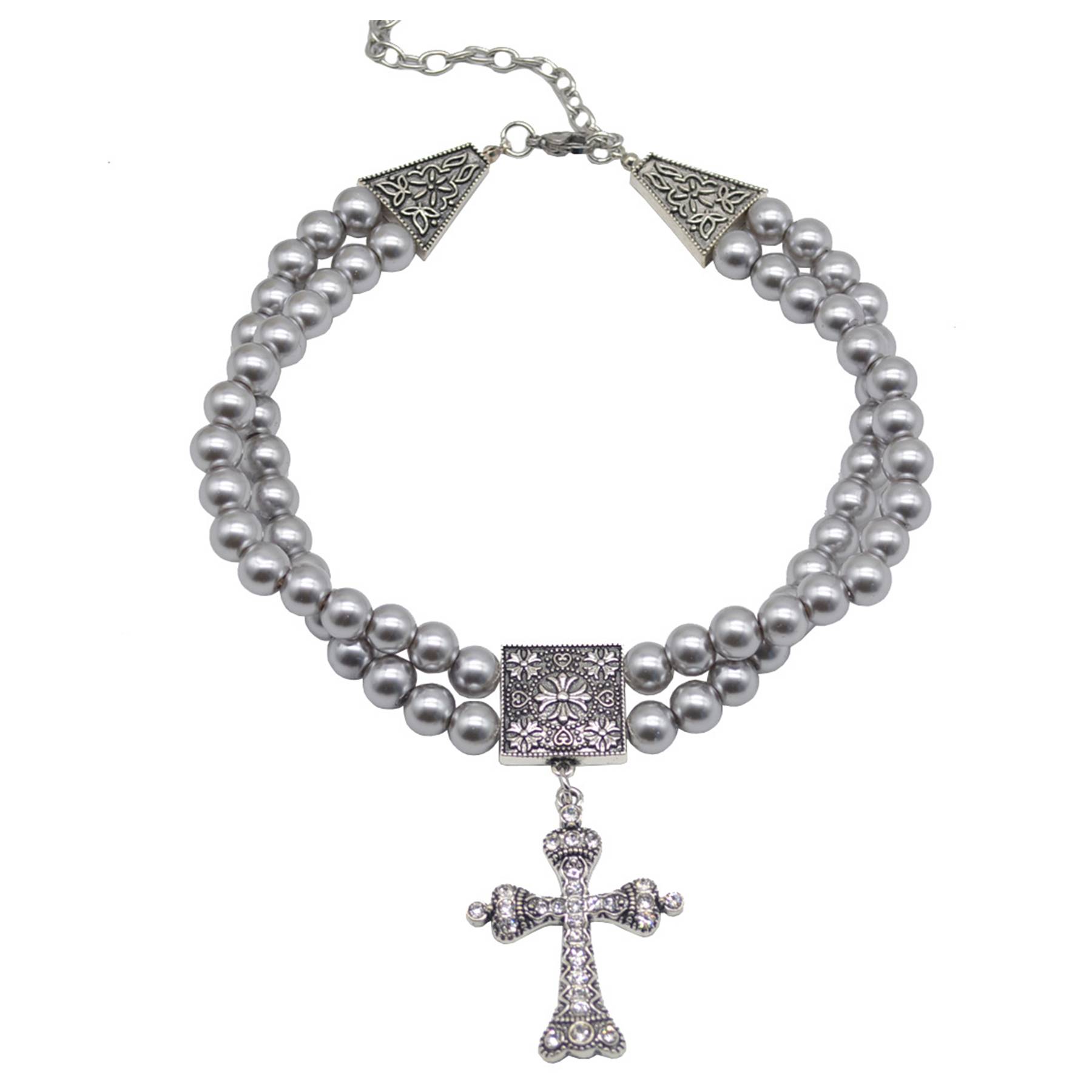 Alloy Double grey pearl rhinestone cross necklace 3