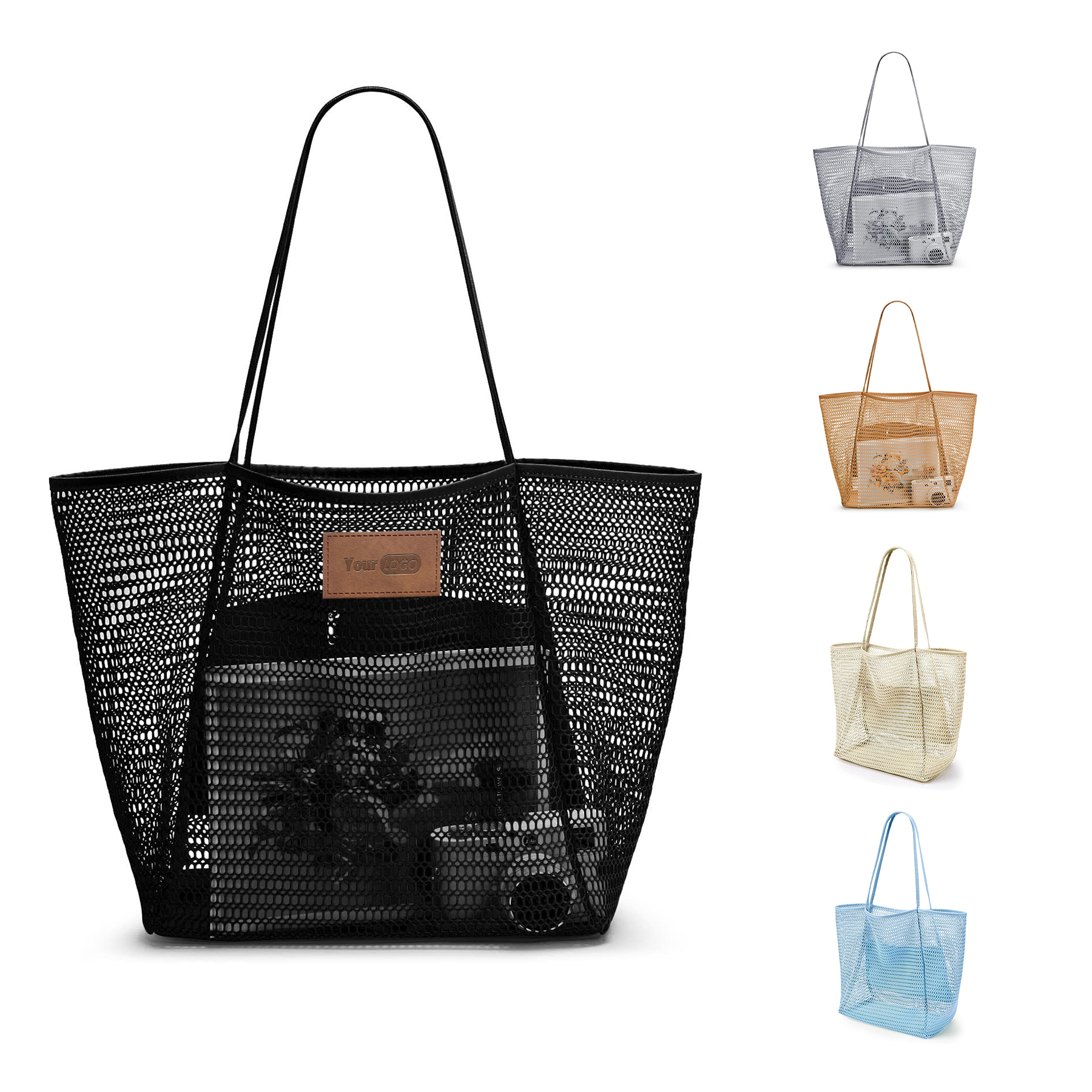 Polyester Casual Beach Mesh Tote Bag, custom tote bag with logo imprint 2