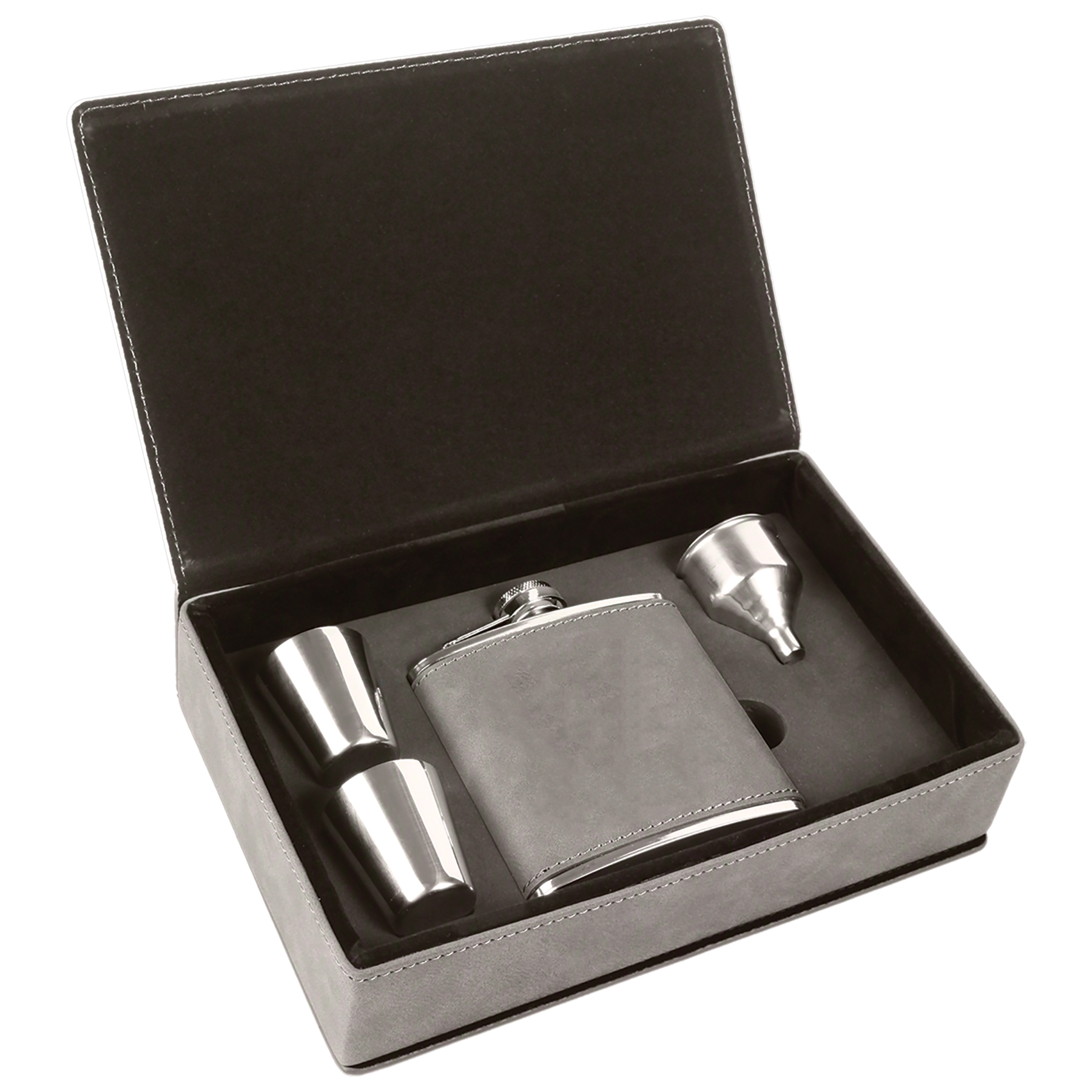 Stainless Steel Gray Leatherette Flask Gift Set 2