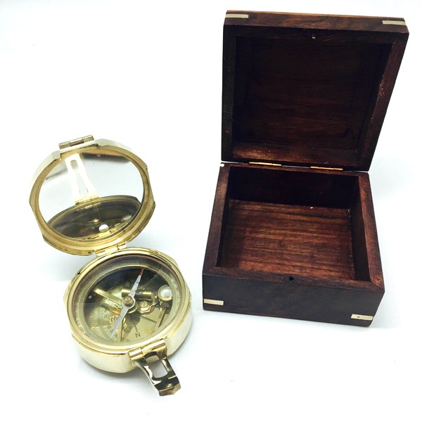4" Brass Brunton Compass in Wood Case (Brass Anchor & Corners) 6