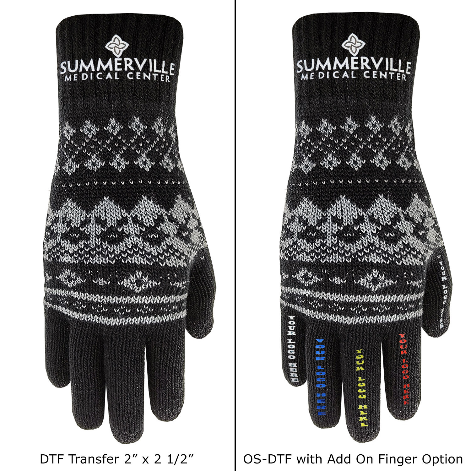 Winter Knit Text Gloves with Oversized DTF on Top of Hand and Each Finger