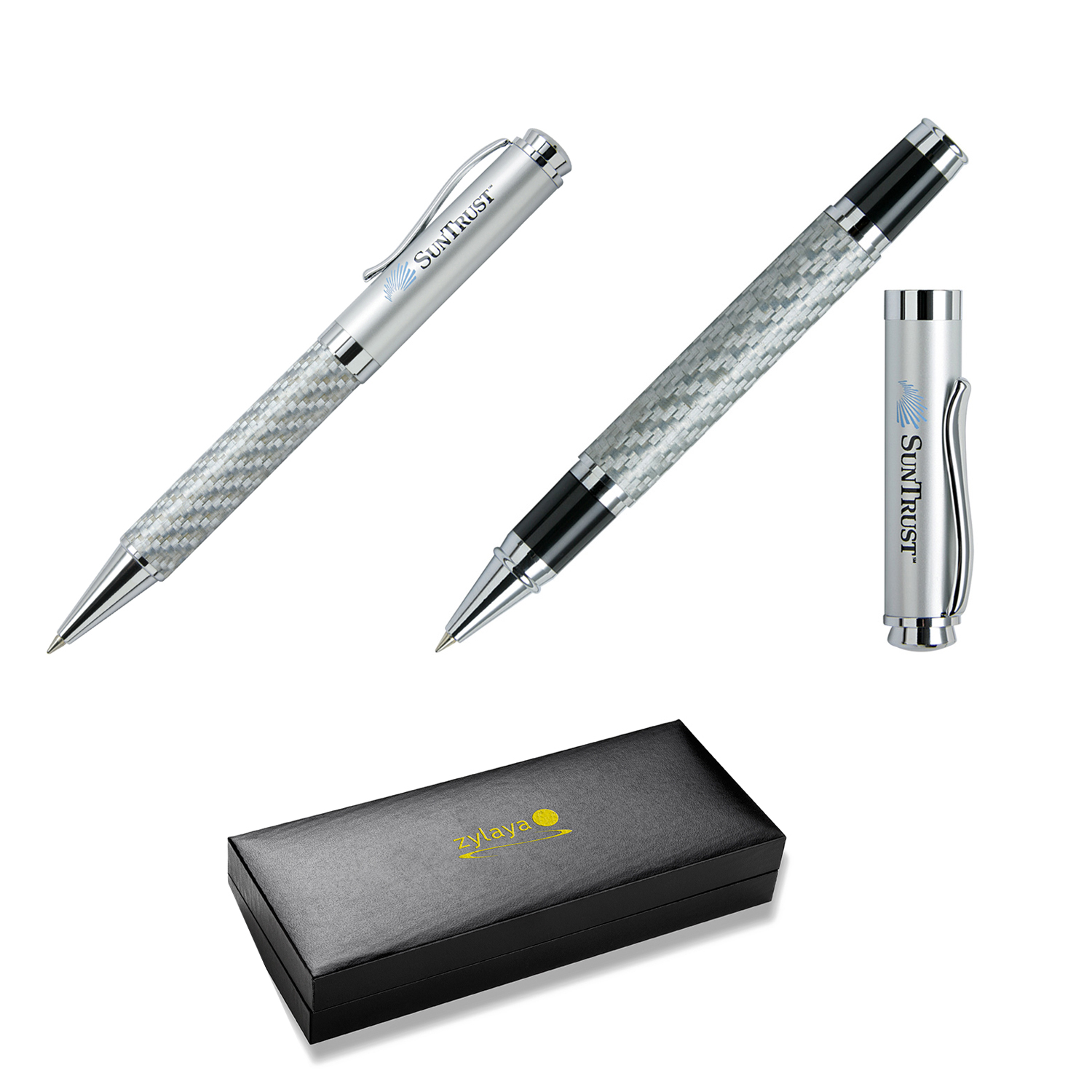 Silver-Carbon Fiber Pen Set in Gift Box (Roller Ball + Ball Point Pens) 1