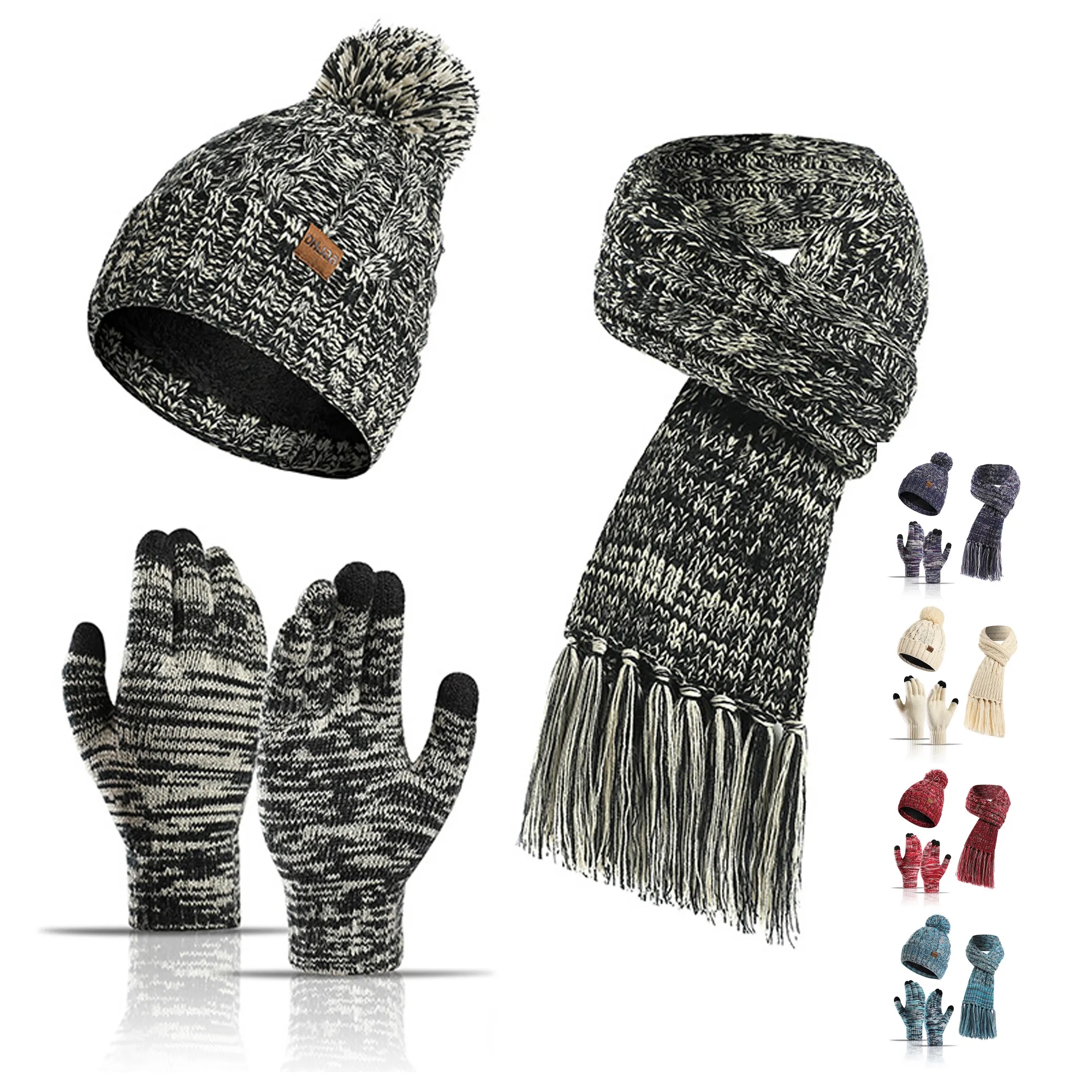 3 Piece Cable Knitted Hat Gloves & Scarf Winter Set