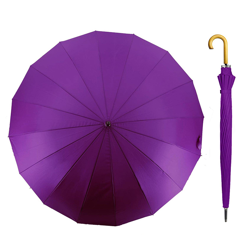 16 Ribs Auto Open Classic Wooden J Handle Cane Stick Golf Rain Umbrellas 3