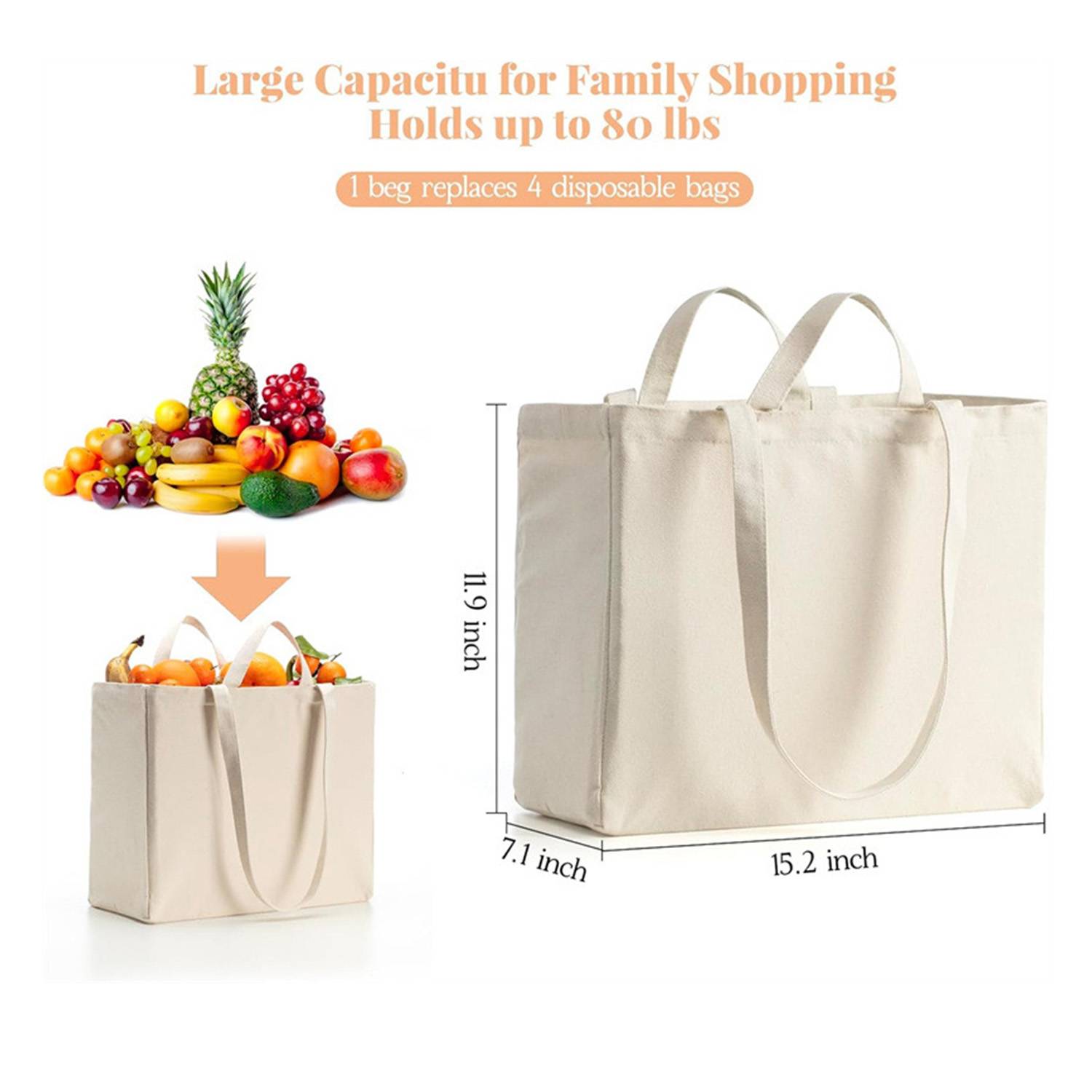 Foldable Washable Heavy-Duty Canvas Tote Bag w/ Handle, custom tote bag with logo imprint 4