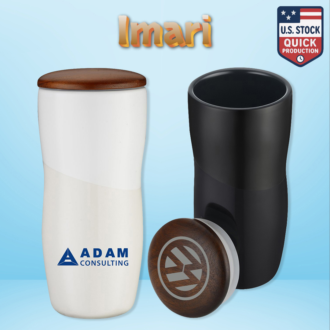 Imari Double Walled 12oz Ceramic Tumbler with Two-Tone Design and Wood Lid 15