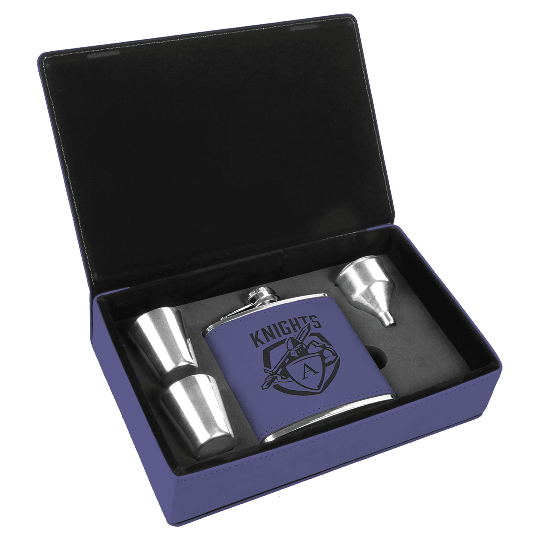 6 oz. Purple Leatherette Flask Gift Set, custom water bottle with logo imprint 2