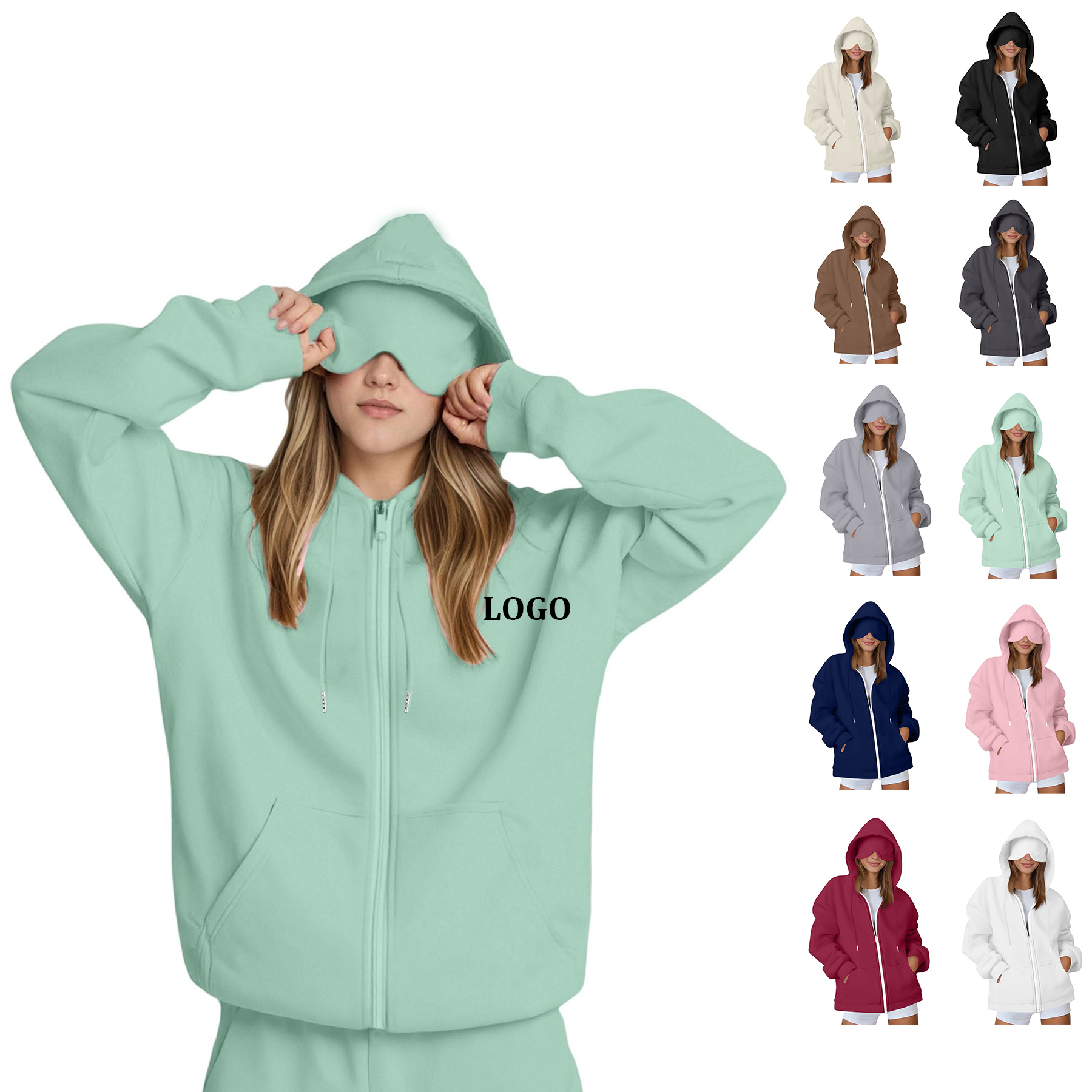 Womens Zippered Hoodie with Eye Mask 8