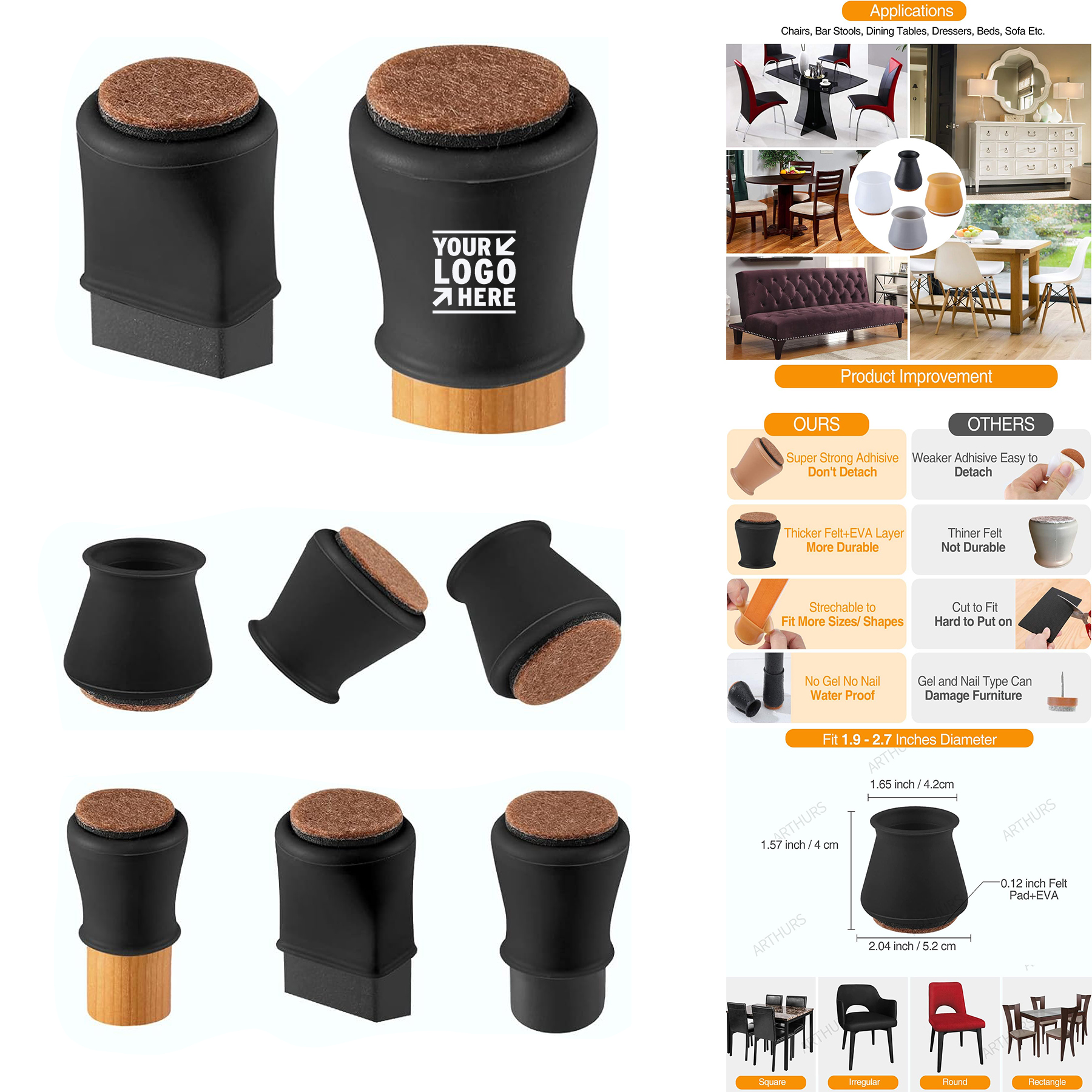 Extra Large Silicone Fit 1.9''-2.7'' Furniture Chair Leg Cap Floor Protector with Felt