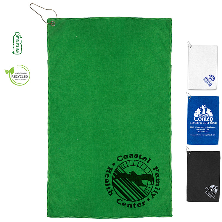 "THE IRON" Recycled RPET 300 GSM Heavy Duty Microfiber Golf Towel with Metal Grommet and Clip - 12" 12