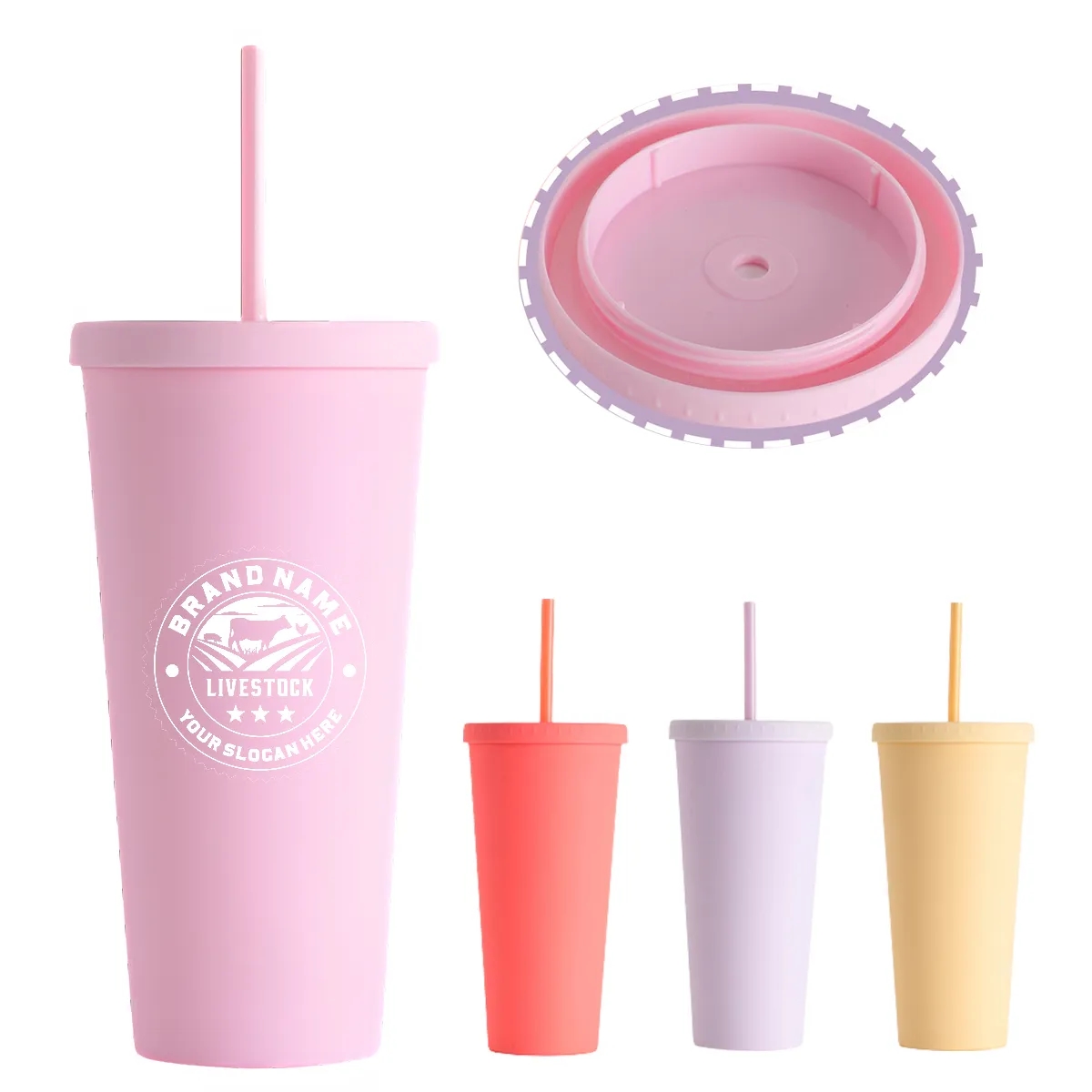 24OZ Candy Color Double-Layer Plastic Straw Cup with Lid 5