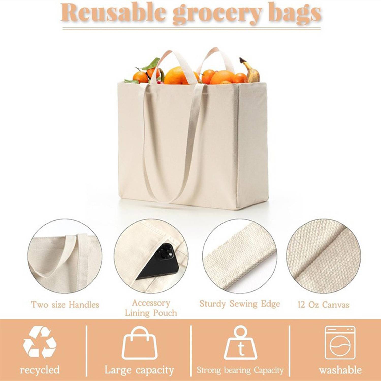 Foldable Washable Heavy-Duty Canvas Tote Bag w/ Handle, custom tote bag with logo imprint 6
