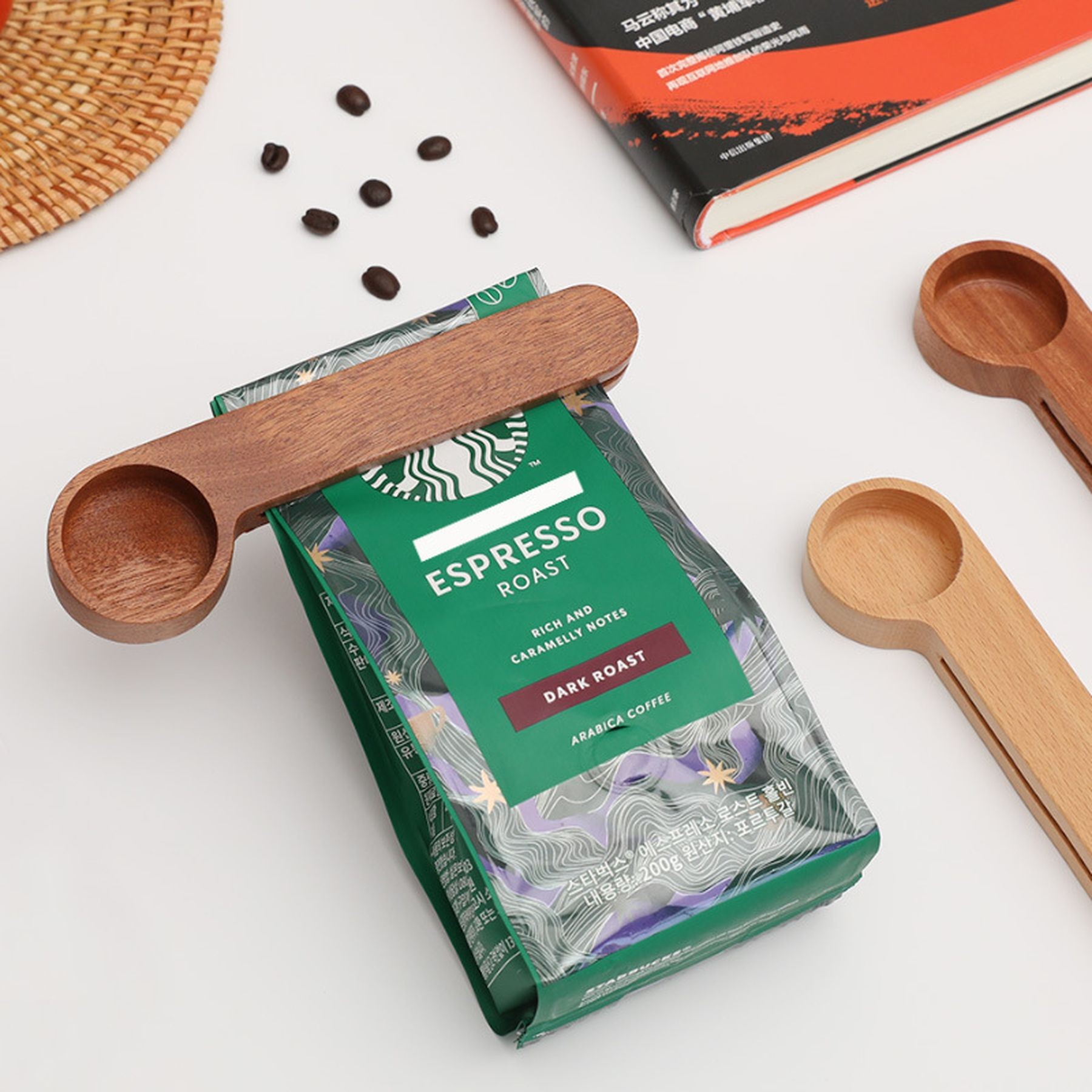 2 In 1 Wooden Coffee Scoop Bag Clip Beech Measuring Spoon 6