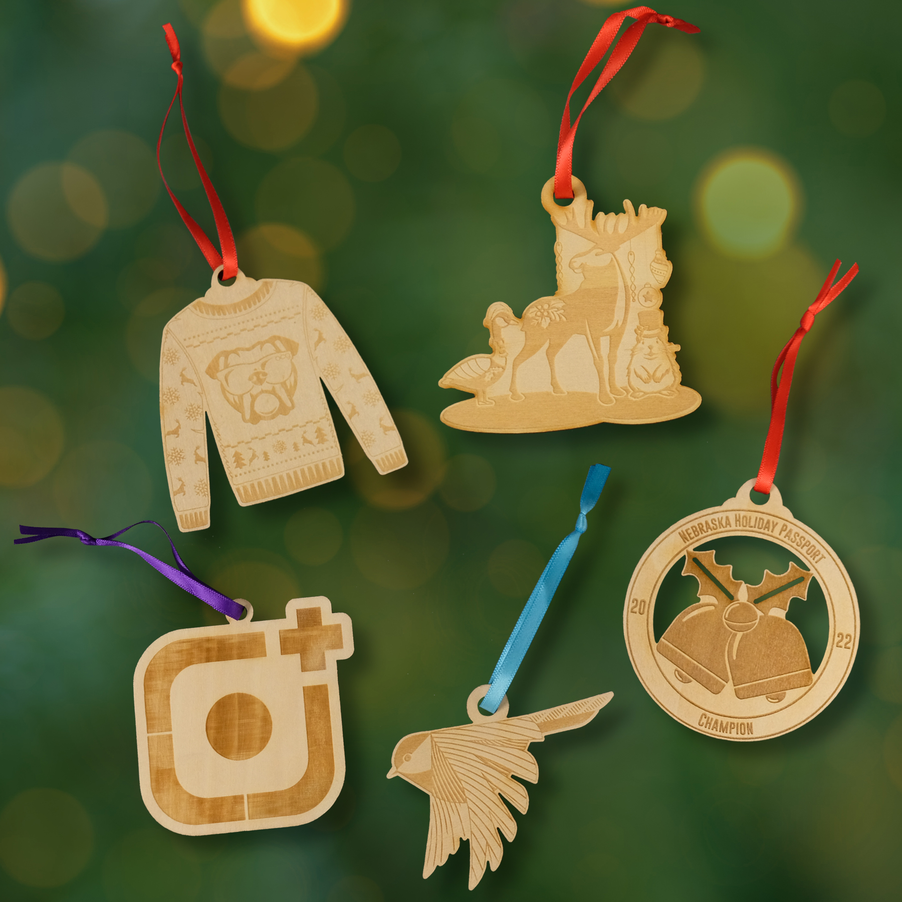 Wood Ornaments: 3" W x 3" H 5