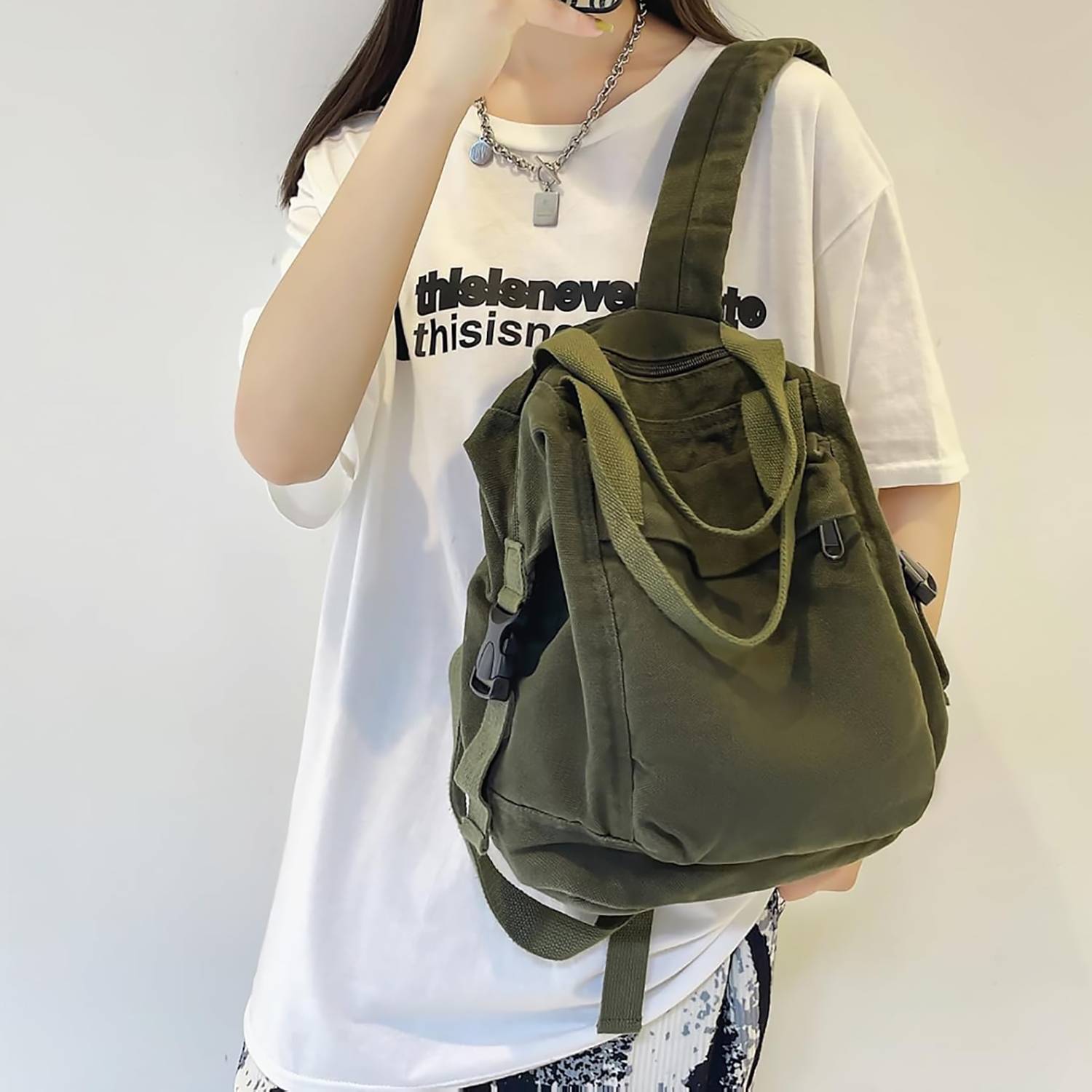 Solid-color Retro Nylon Multi-pocket Backpack 10