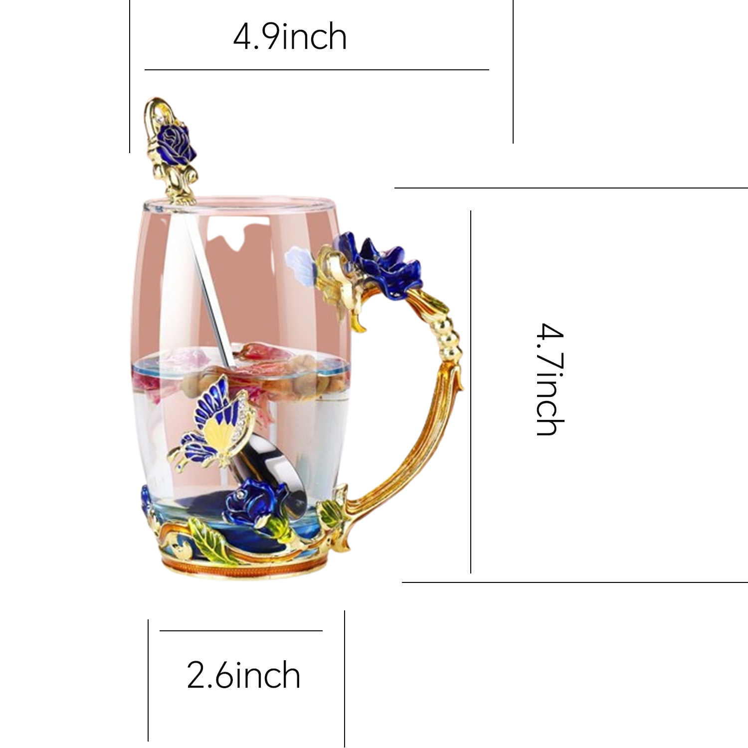 10/11oz Enamel Rose Butterfly Glass Mug Tea Cup w/ Spoon 13