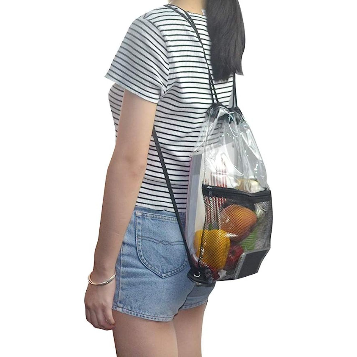 Cinch Sacks Backpack Clear PVC Drawstring Bag with Front Zipper Mesh Pocket 12