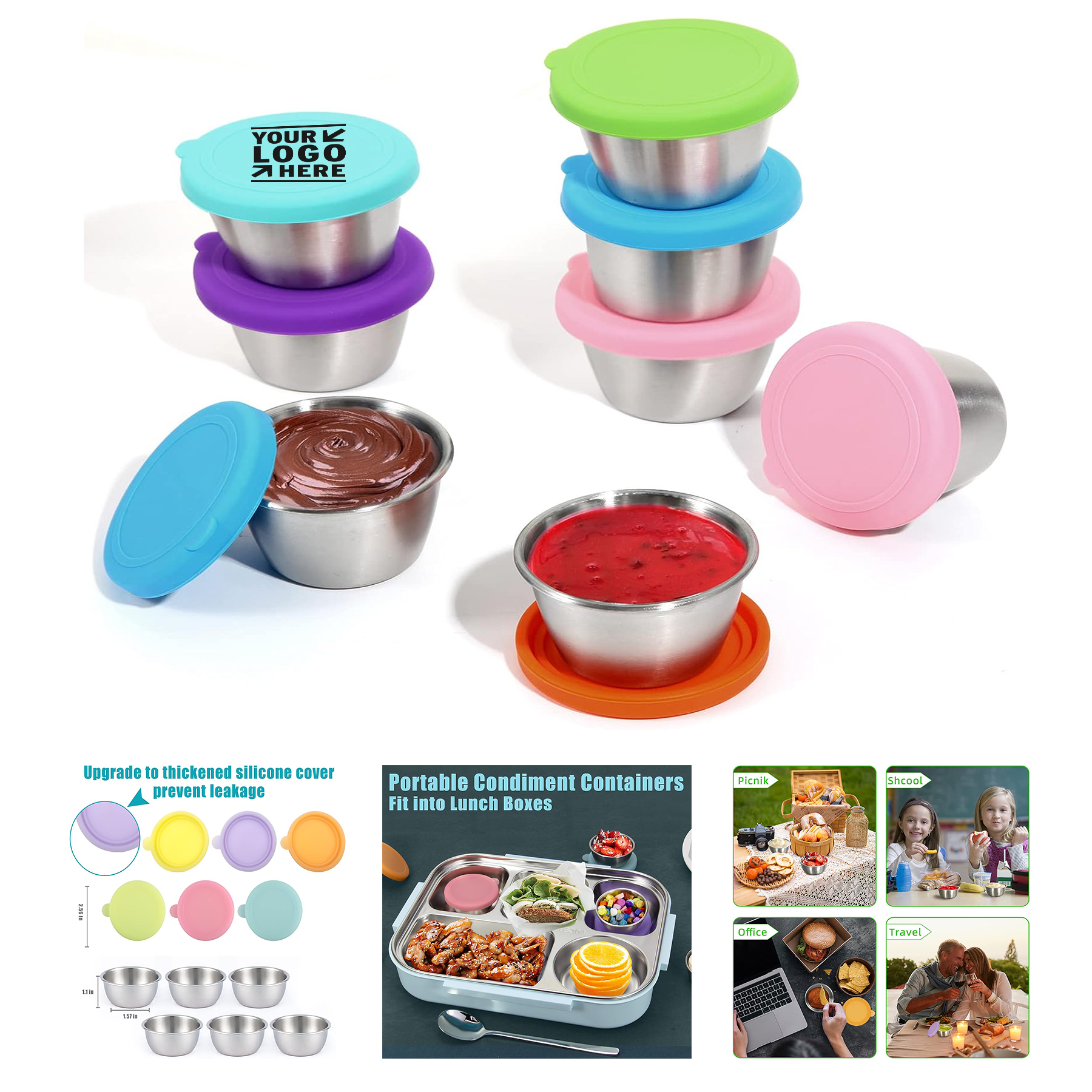 6 x 1.6 Oz Reusable Stainless Steel Small Condiment Sauce Cups Salad Dressing Containers with Lids