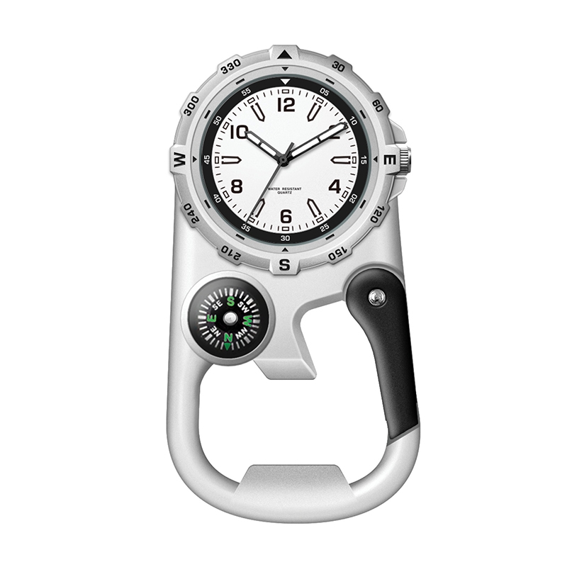 WC8227 41MM METAL MATTE SILVER POCKET WATCH, 3 HAND MVMT, WHITE DIAL, COMPASS, CARABINER 1