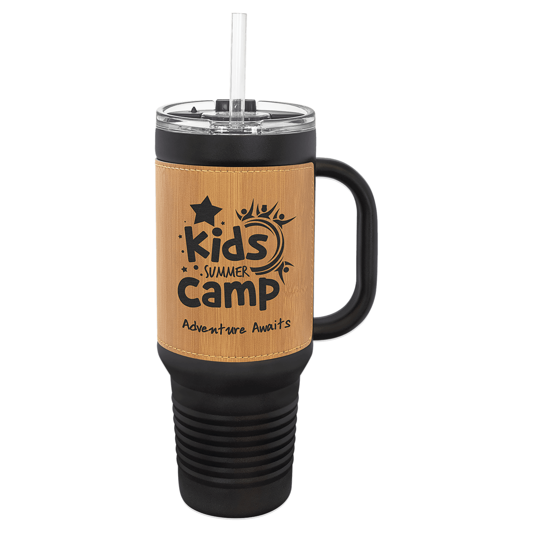 Polar Camel 40 oz. Black with Bamboo Laserable Leatherette Travel Mug with a Handle, Straw Included, custom tumbler with logo imprint 2