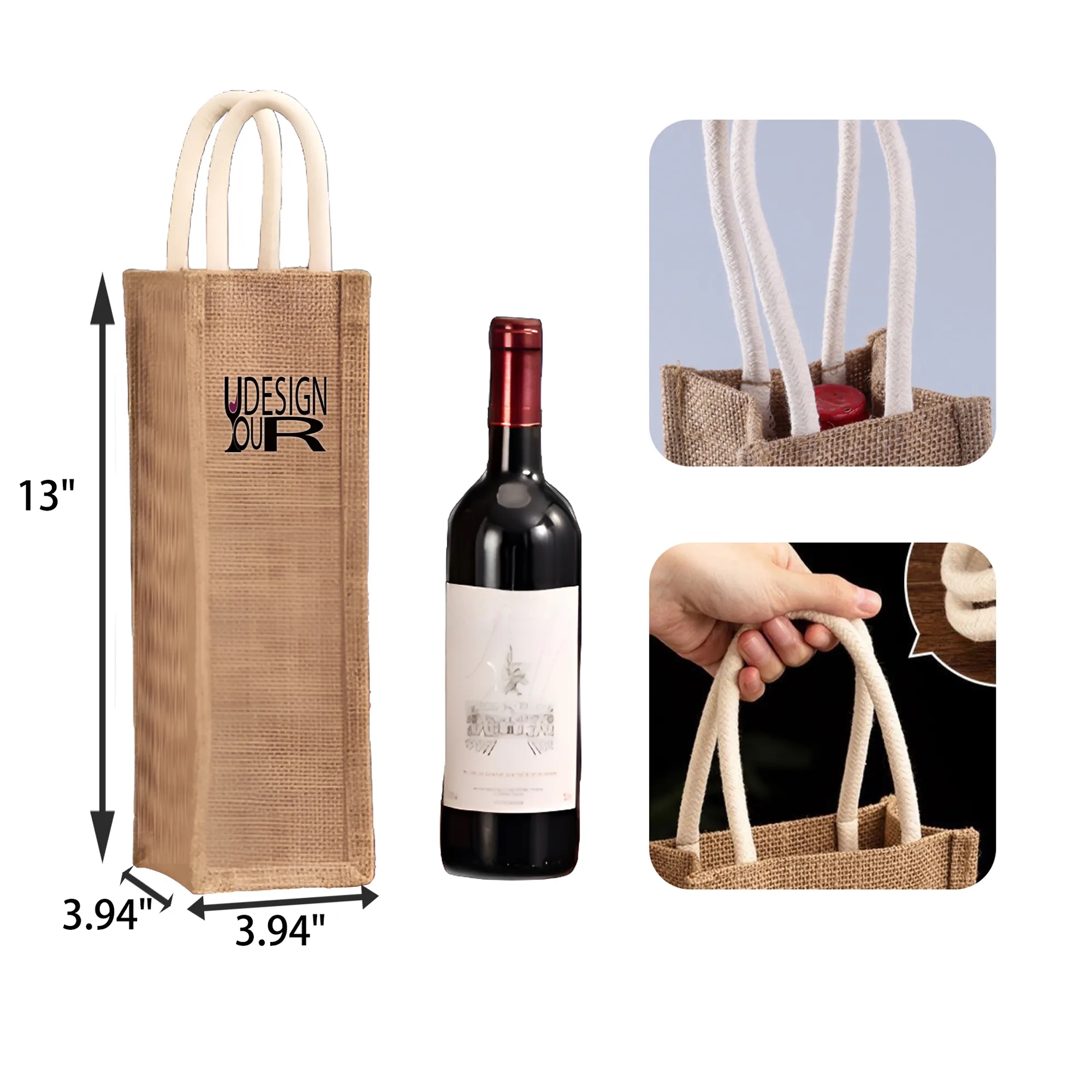 MOQ 50 PCS Single Bottle Jute Wine Tote Bag, custom tote bag with logo imprint 2
